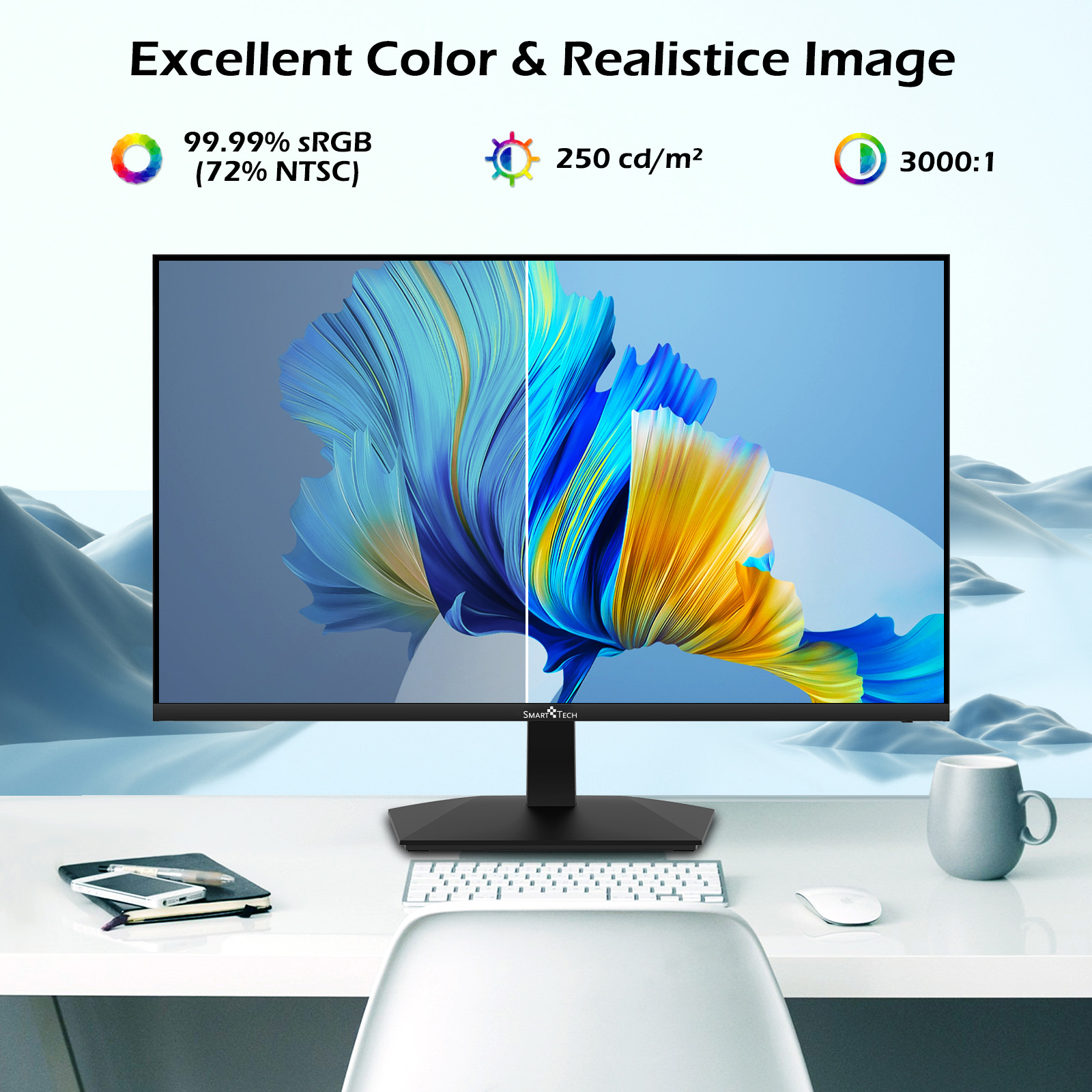 Ekran monitora z abstrakcyjną grafiką, specyfikacjami kolorów, myszką i klawiaturą.