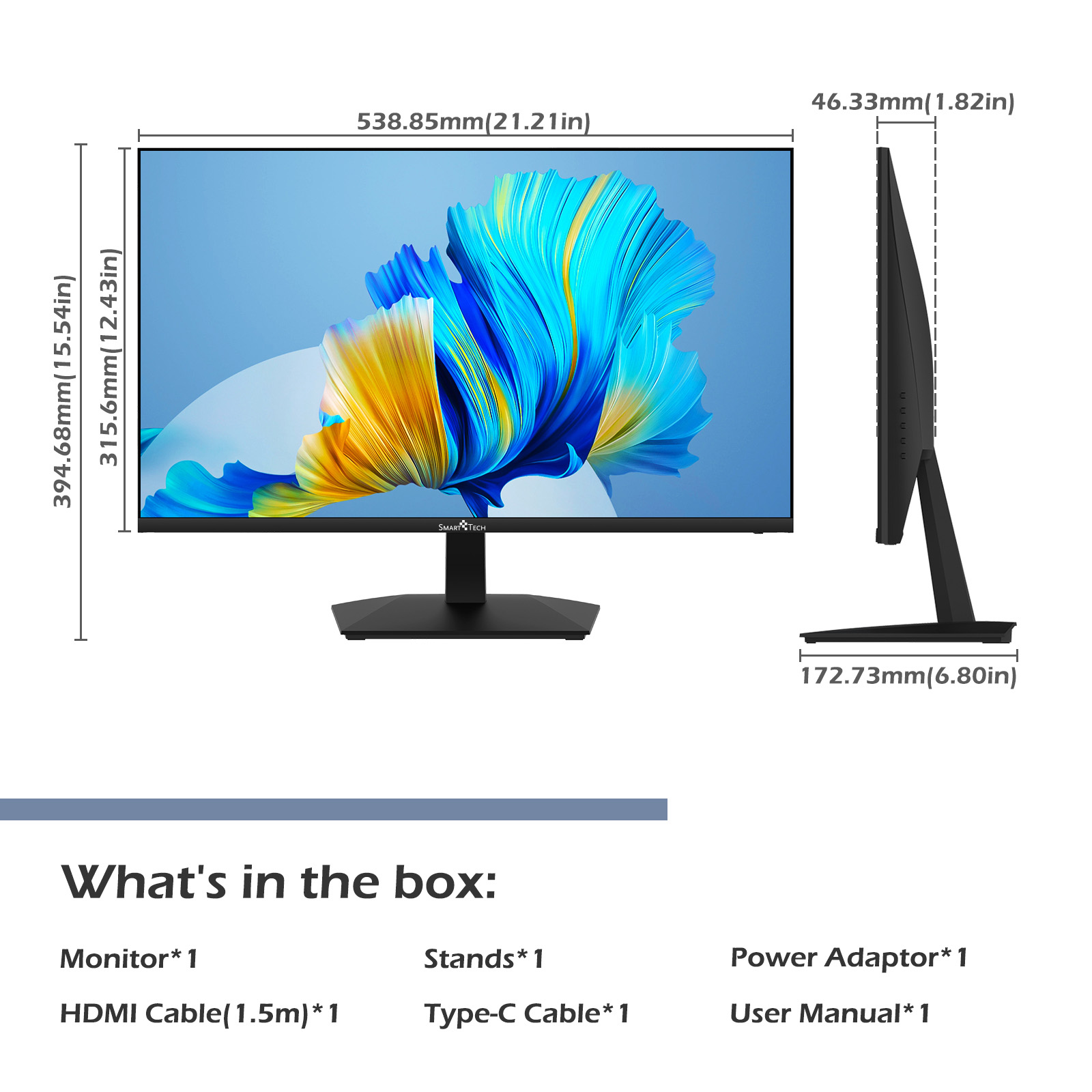 Monitor z wymiarami i zawartością: monitor, stojaki, kabel i zasilacz.