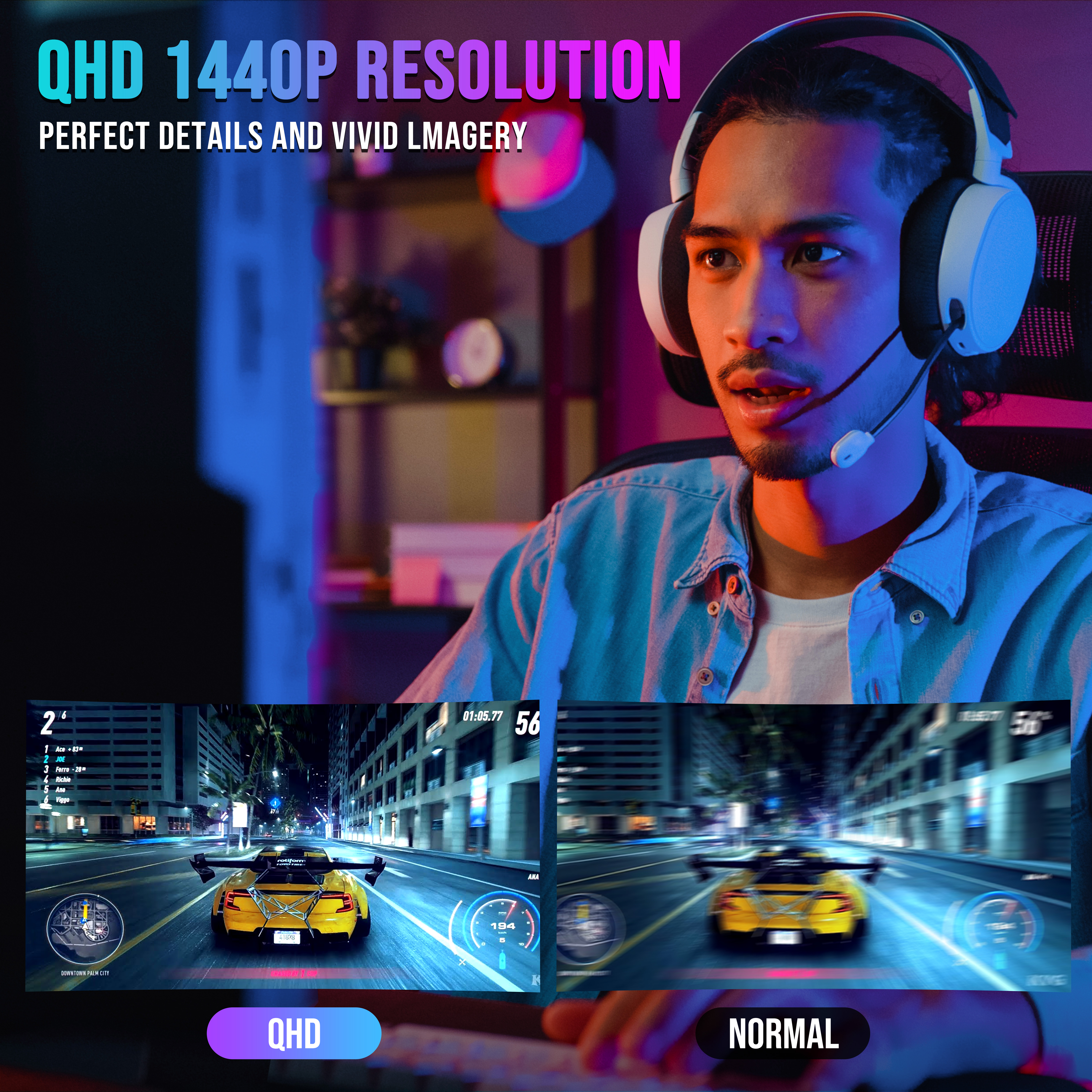 Un gamer con auriculares juega a un juego de carreras en un monitor curvo, comparando modos QHD y normal.