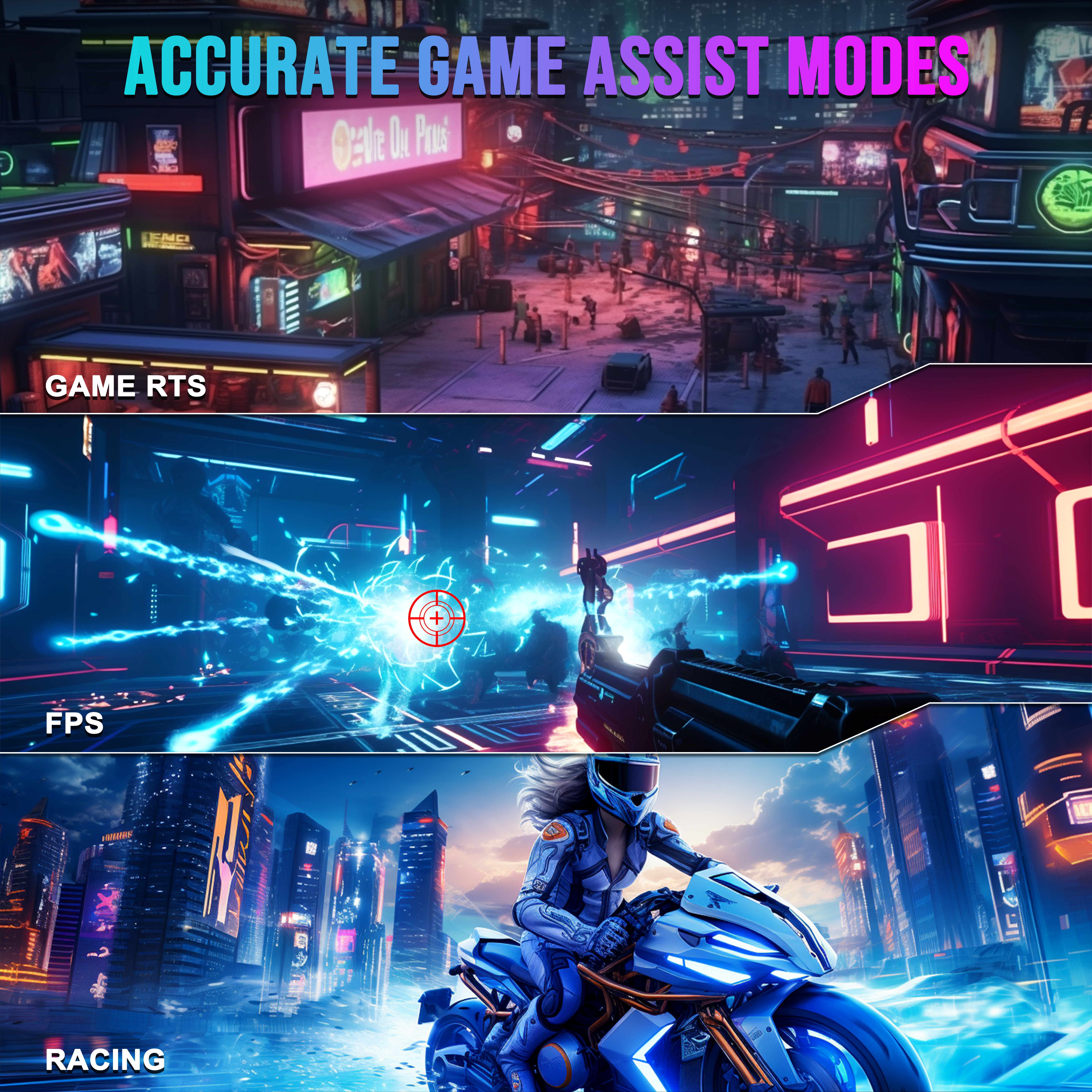 Tres imágenes que muestran modos de videojuegos. Una es un paisaje urbano, otra es un juego de disparos, otra es de carreras.