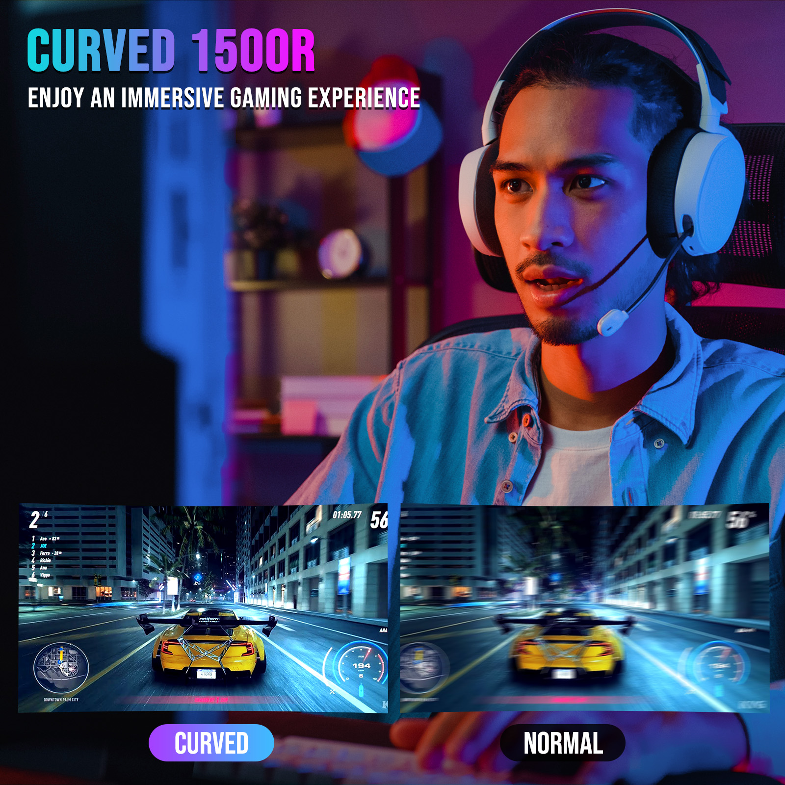 Hombre con auriculares jugando un juego de carreras de coches en una pantalla curva con dos vistas.