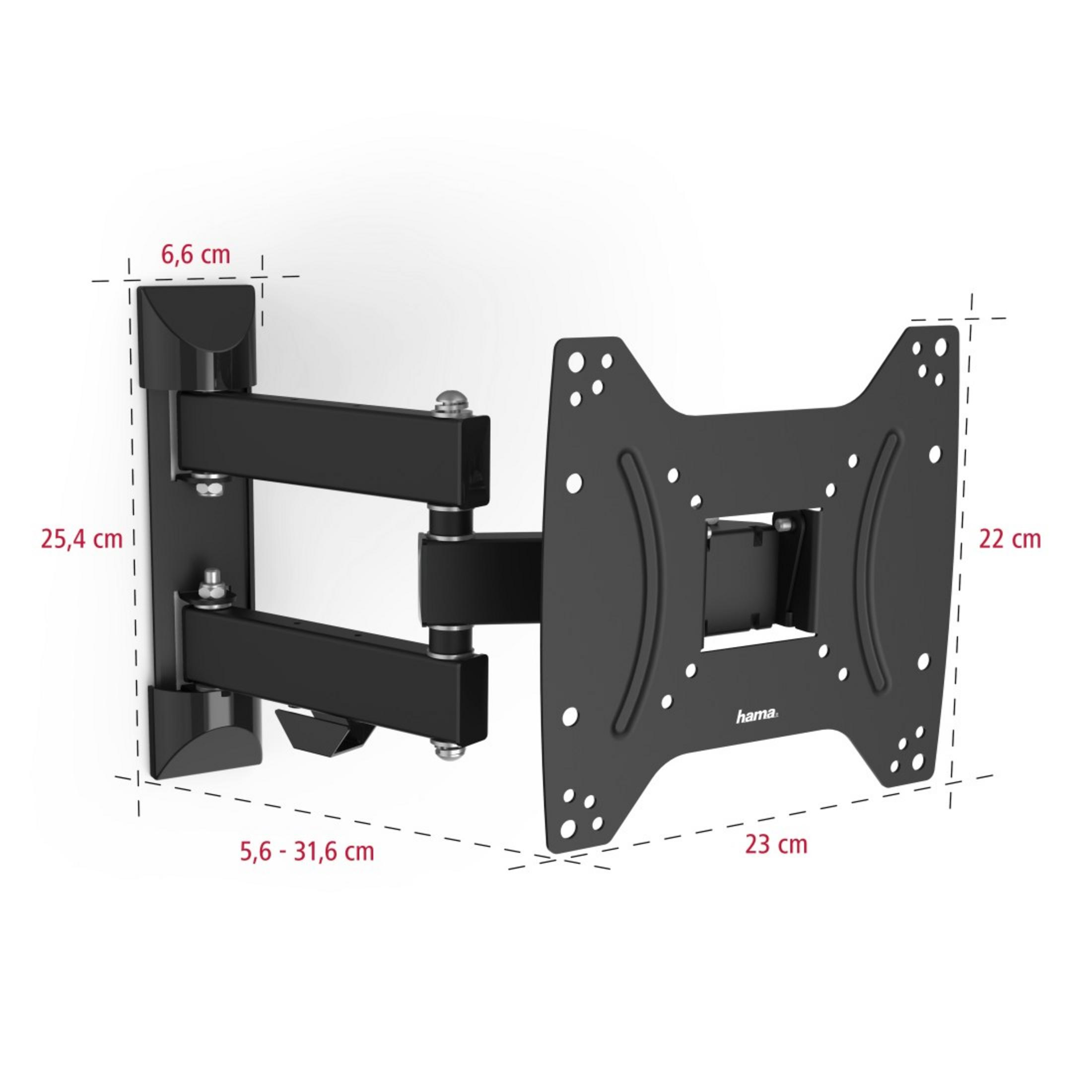 Czarny uchwyt ścienny do telewizora z wymiarami. Ramiona poziome i pionowe. Białe tło.
