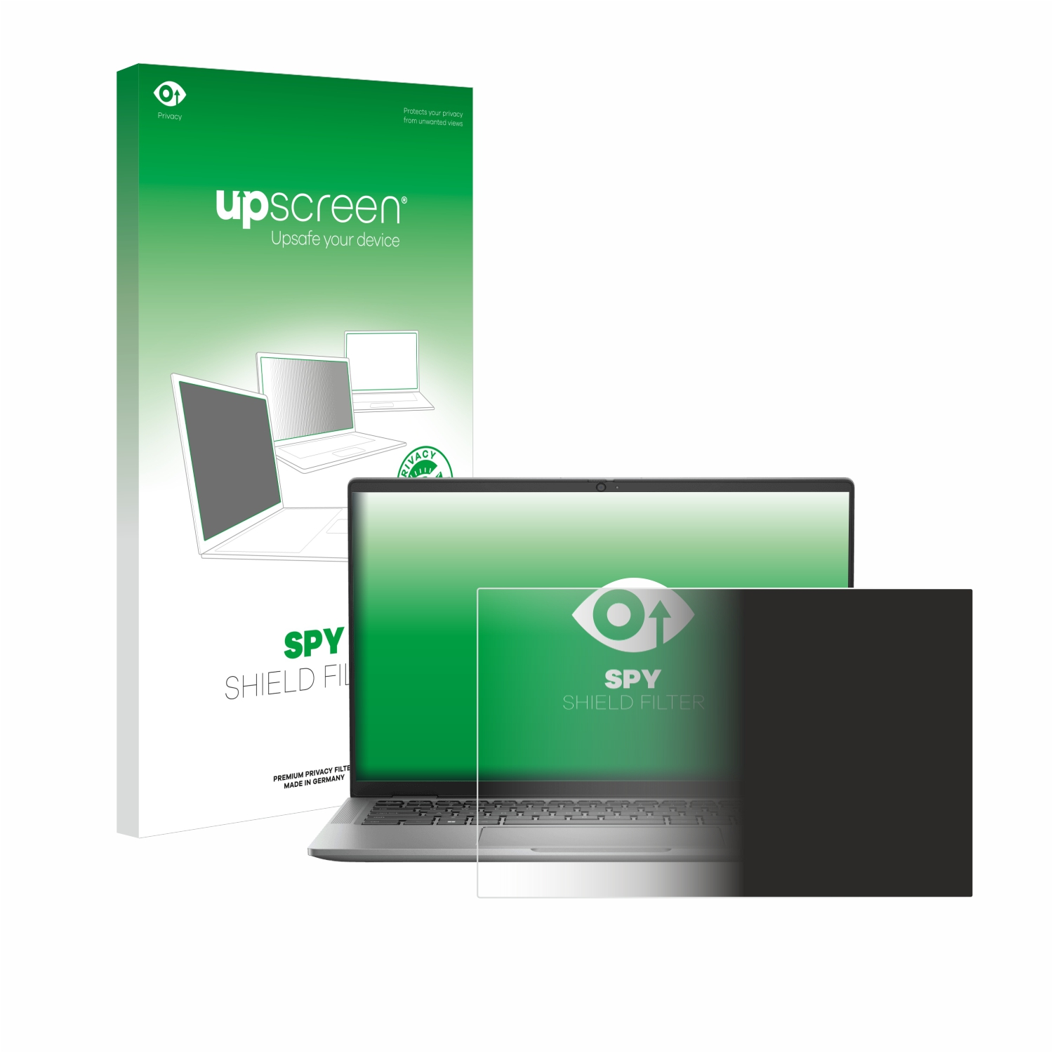 Ein Laptop mit Displayschutz und eine Box mit Displayschutzfolien. Das Display ist schwarz.