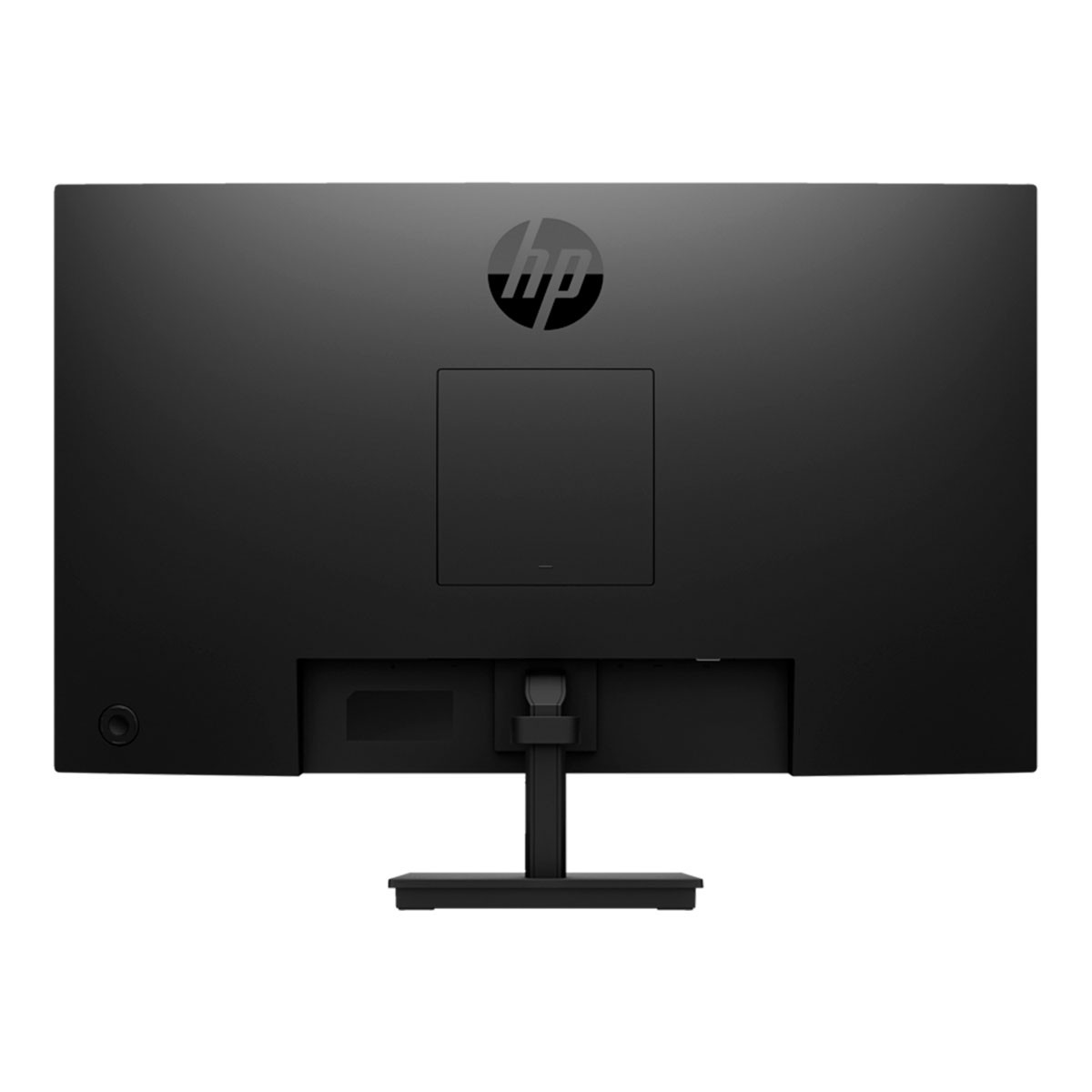 Tył czarnego monitora HP, z logo, portami i podstawką, na białym tle.