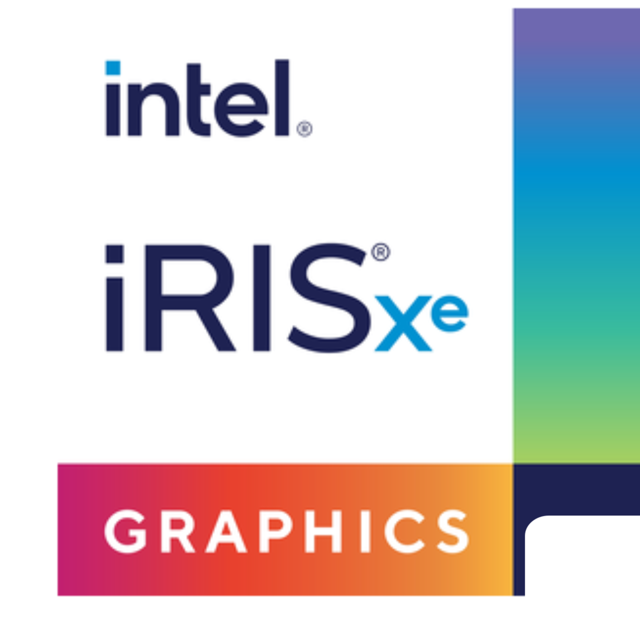 Logo Intel iRIS Xe Graphics. Sfondo bianco con logo Intel e testo iRIS Xe sotto.