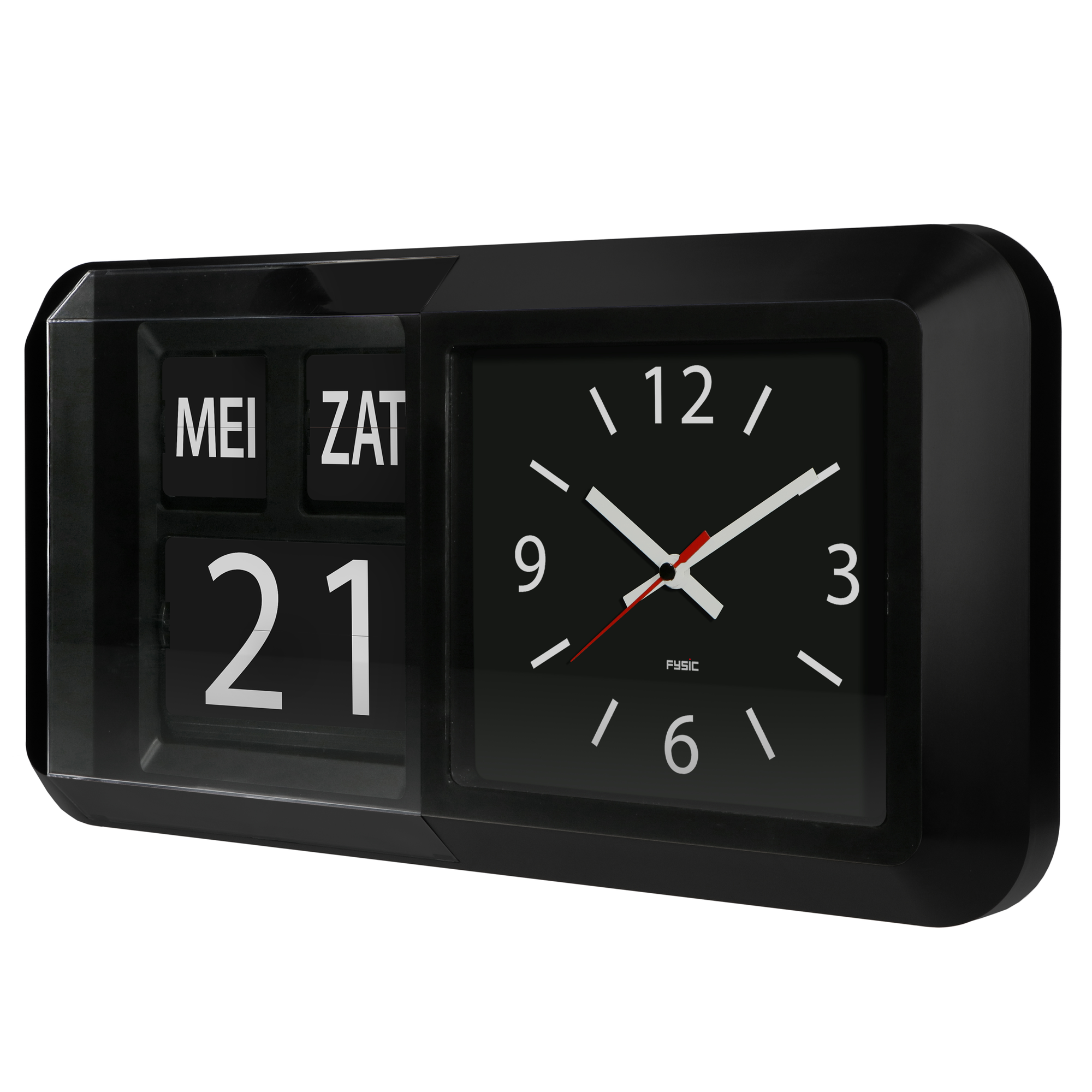 Eine schwarze Klappuhr, die das Datum mit Wochentag und Uhrzeit anzeigt. Die Uhr hat einen schwarzen Rahmen.