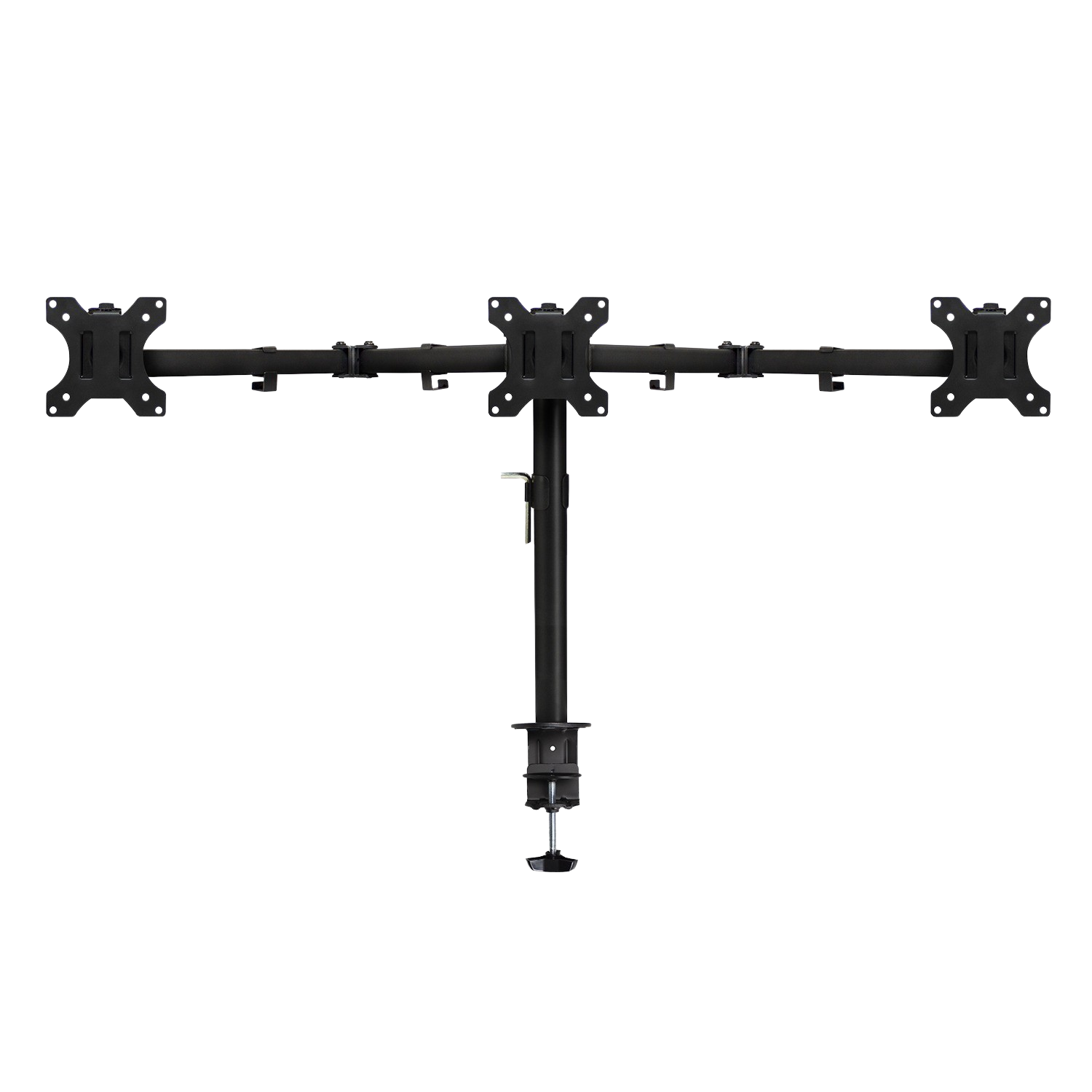 Czarny stojak na monitor, trzymający trzy monitory w układzie poziomym.