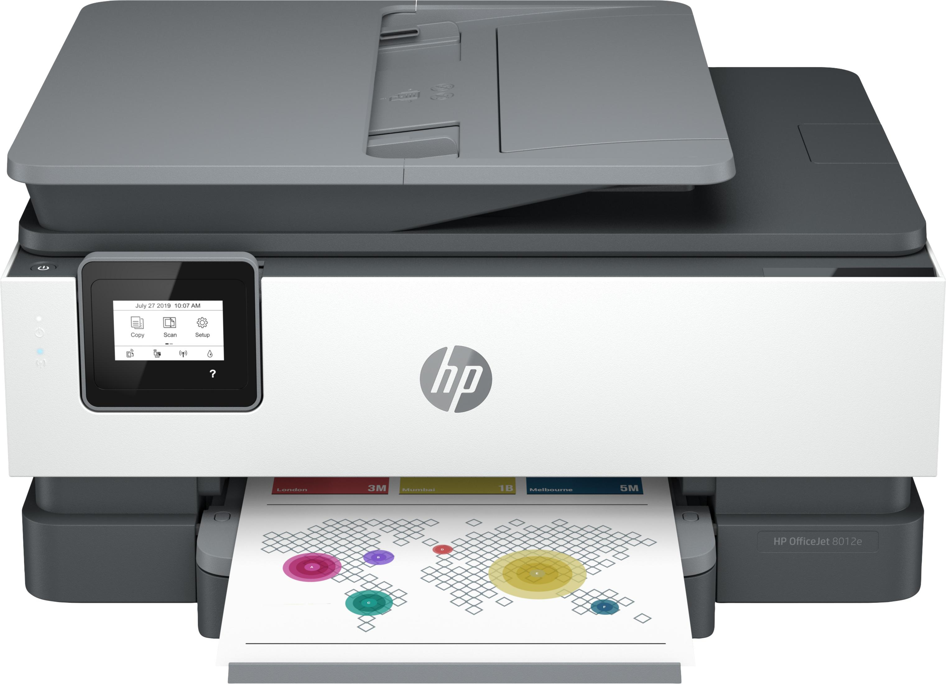 Drukarka HP OfficeJet 8012e z białą obudową, szarą górą i wydrukowaną mapą.