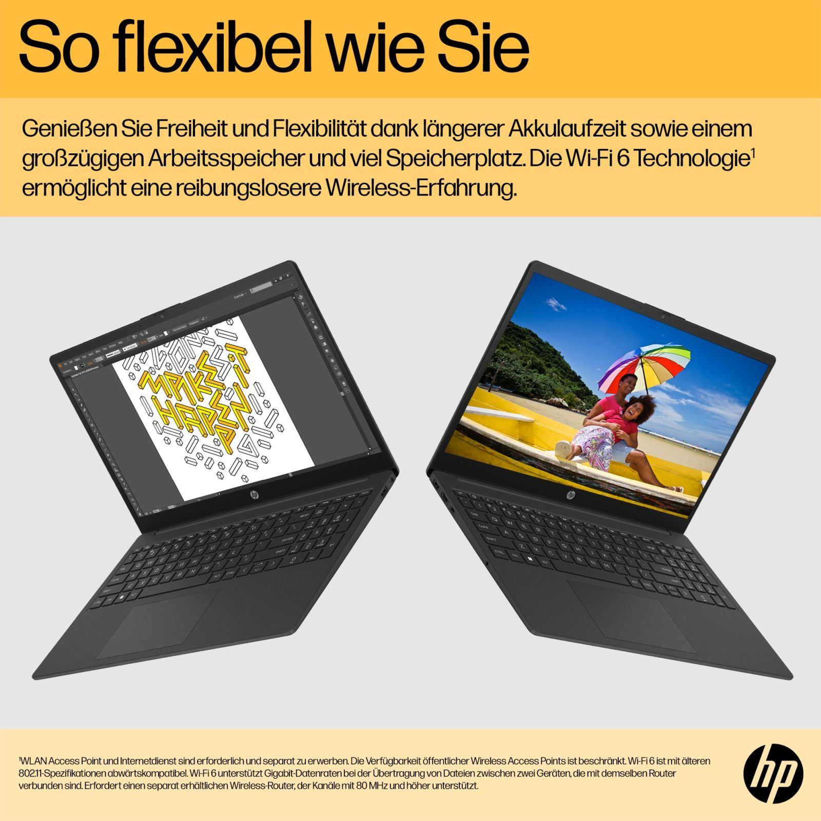 Zwei schwarze Laptops, geöffnet, Bildschirme zeigend. Text: So flexibel wie Sie.