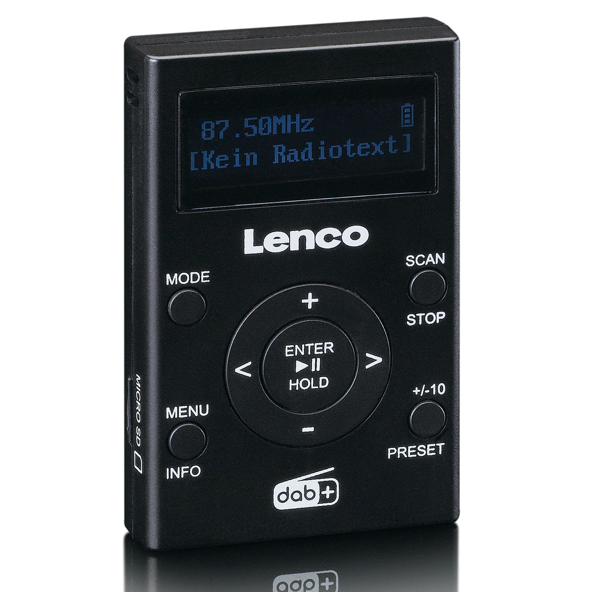 Schwarzes digitales Lenco-Radio mit Knöpfen, Bildschirm und DAB+-Logo.
