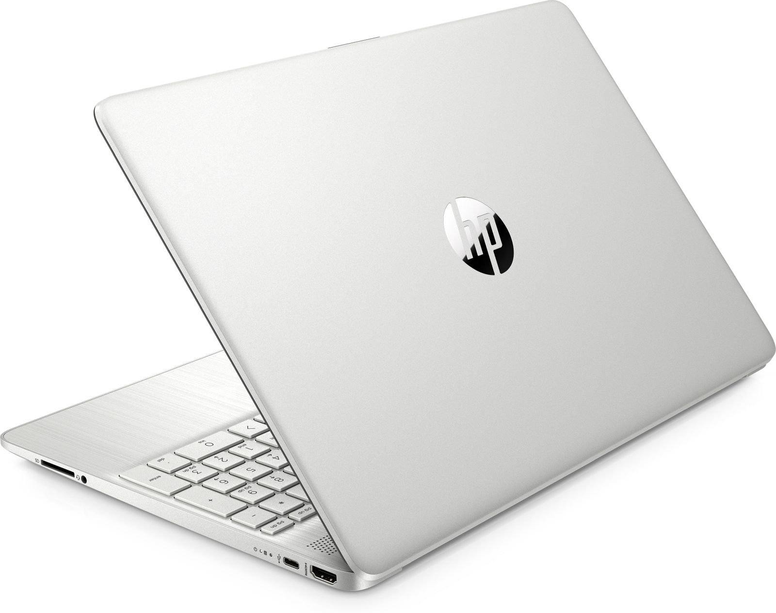 Ein geöffneter Laptop, der die Tastatur und das HP-Logo auf dem Deckel zeigt. Die Farbe ist Silber.