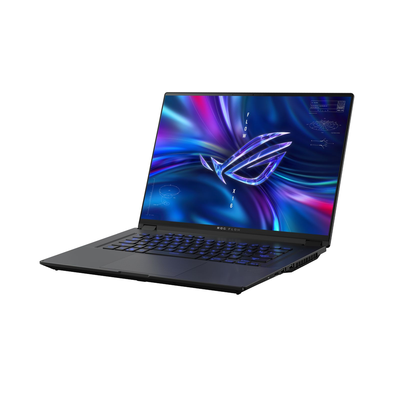 Laptop con tastiera illuminata blu, schermo con colori astratti, sfondo bianco.