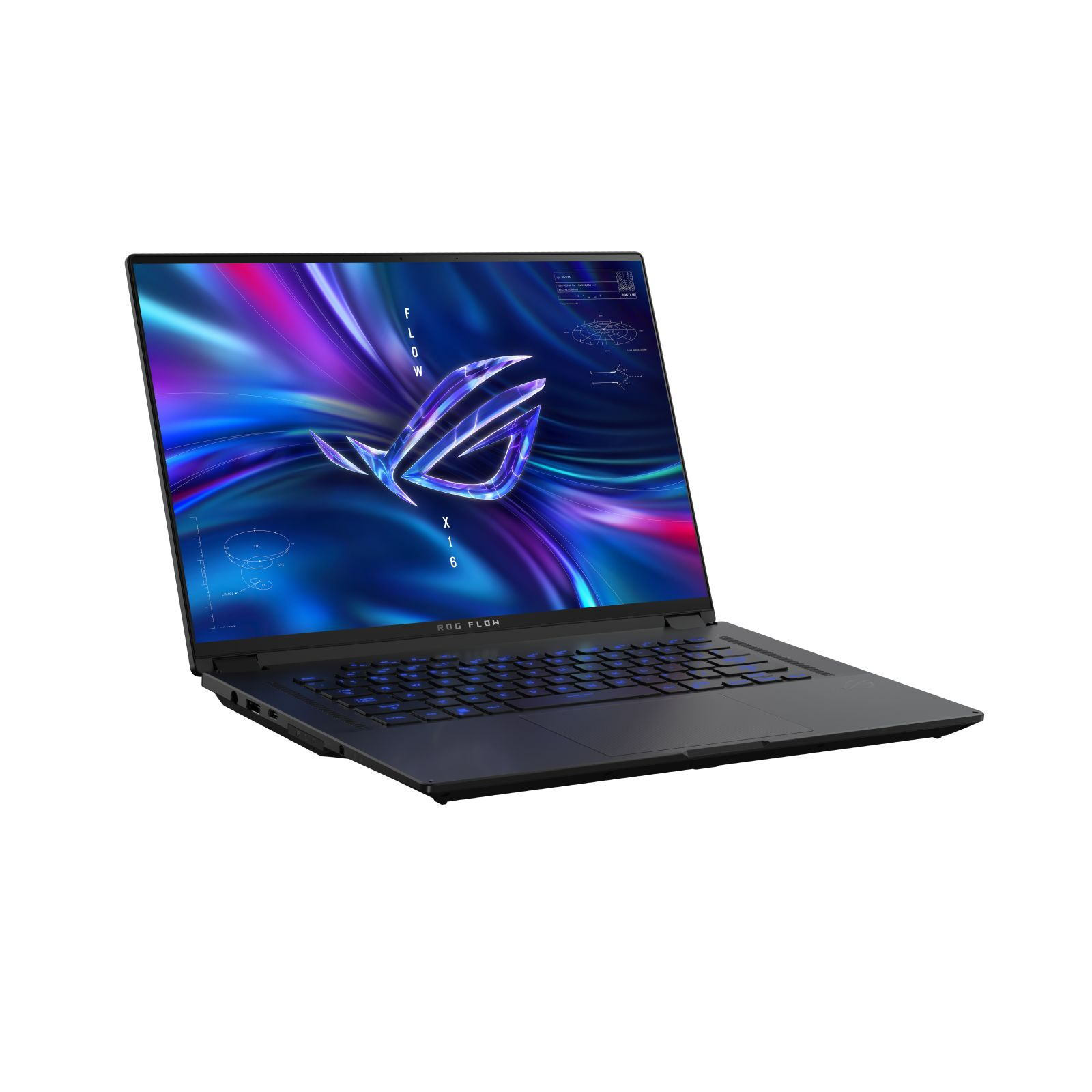 Laptop nero con schermo colorato e logo ROG FLOW.