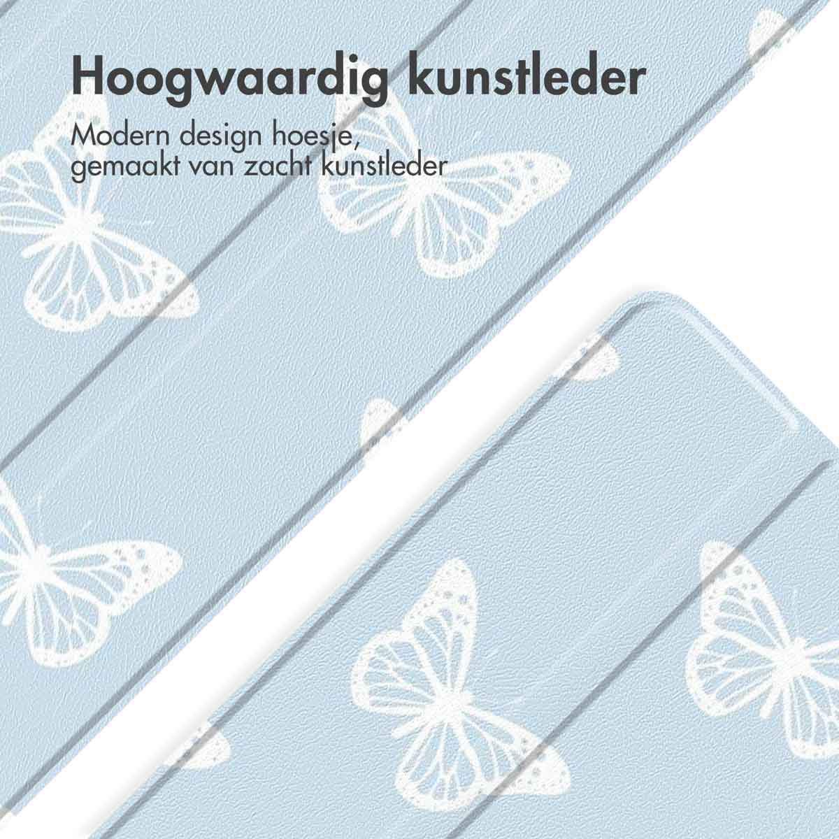Lichtblauwe hoes met vlinderdesign. Tekst: Hoogwaardig kunstleer, gemaakt van zacht kunstleer.