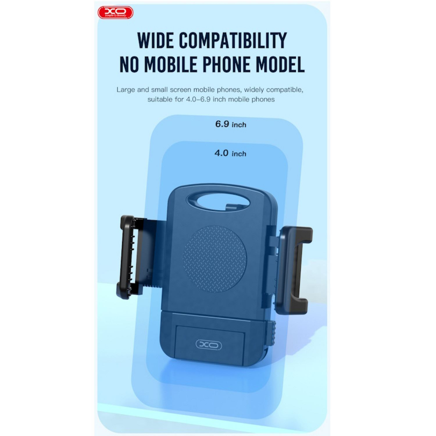Blauer Telefonhalter mit Größenangaben.