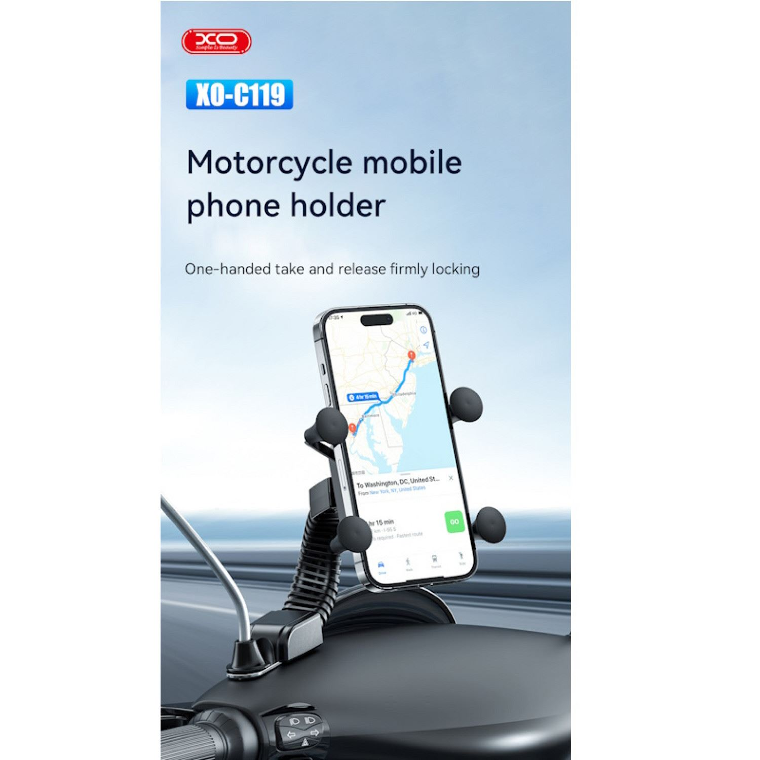 Motorrad-Handyhalterung auf einem schwarzen Roller, hält ein Handy mit Karte.