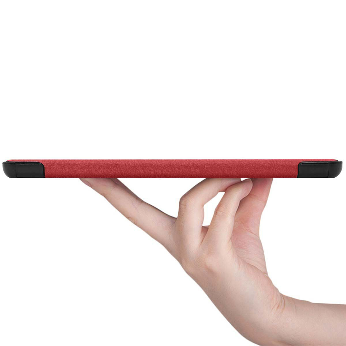 Rode tabletcase in een hand. De case is dun.