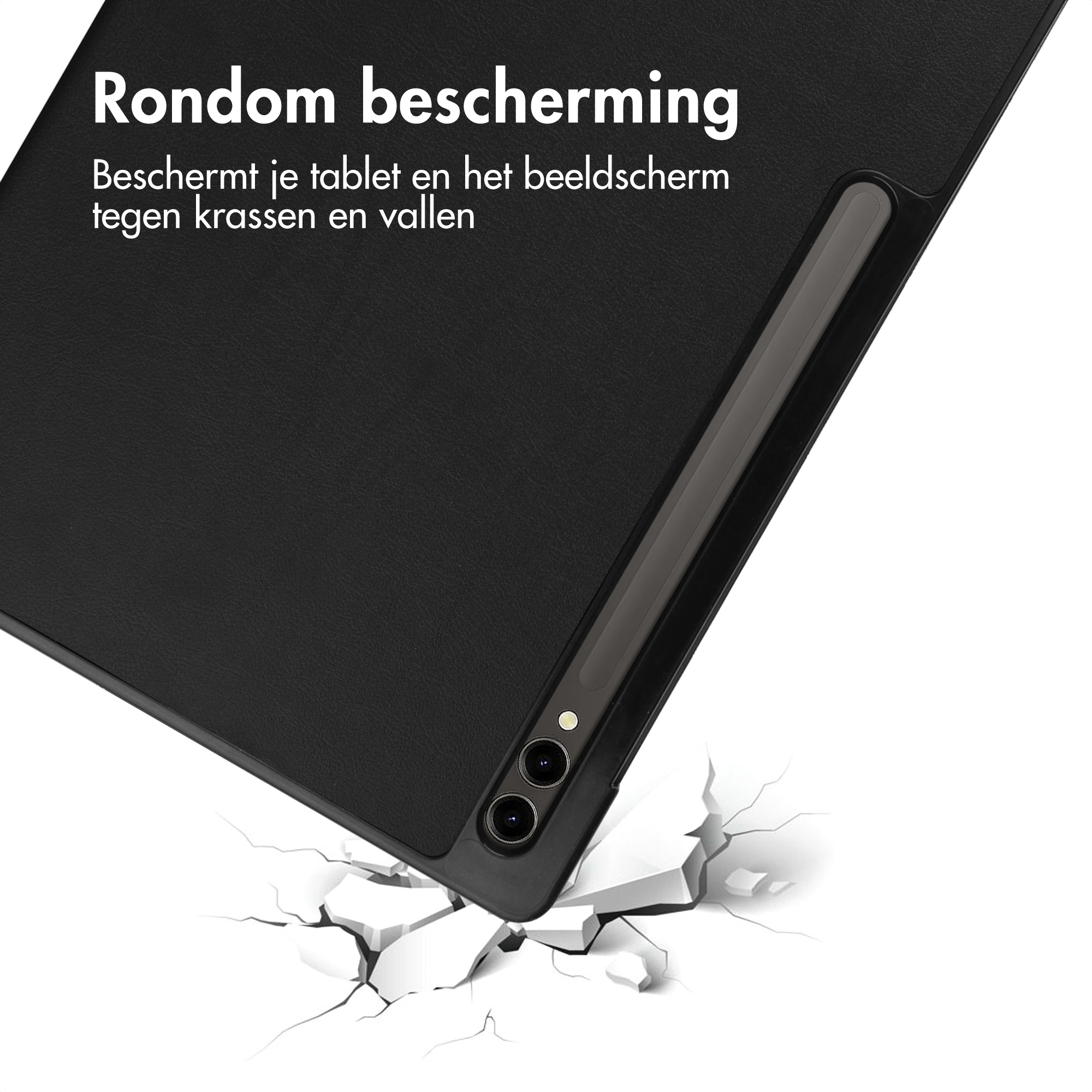 Black tablet case with a stylus, resting on a surface with cracks.