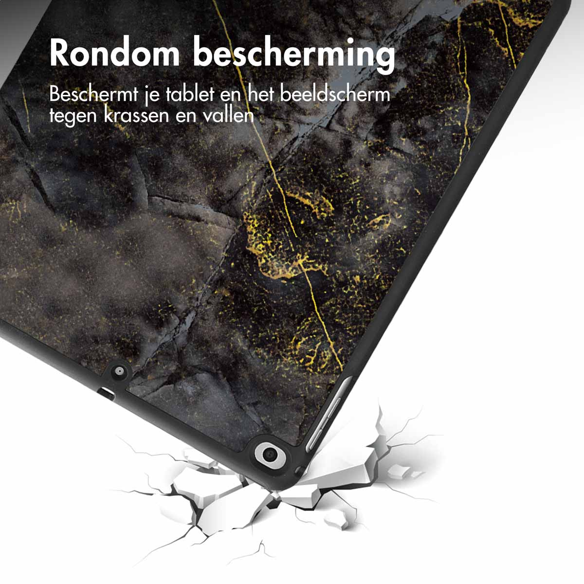 A black and gold tablet case with a marble design, tilted to show the cracked ground beneath it.