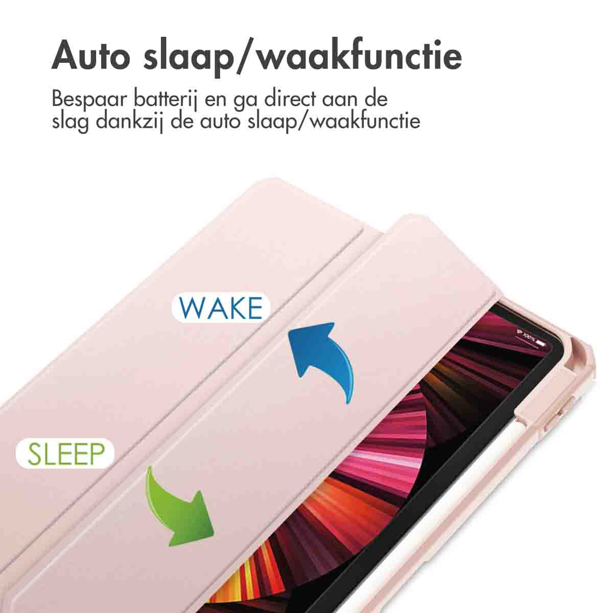 A pink tablet case, open to show the tablet inside, with the words 'WAKE' and 'SLEEP' near arrows.