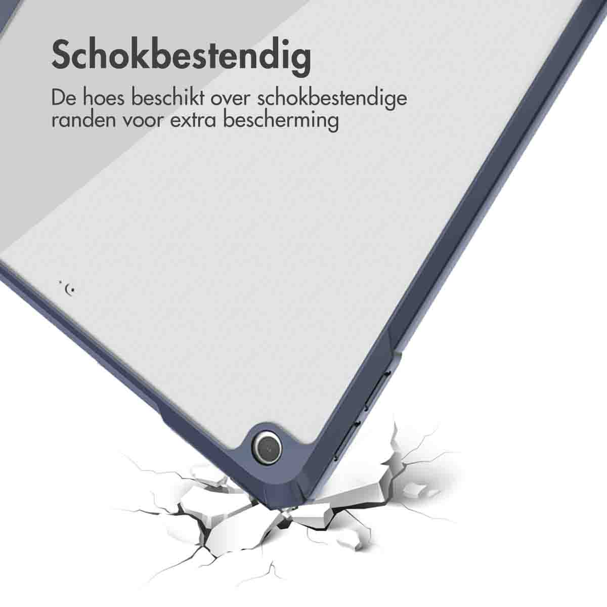 A tablet case showing impact protection. The case is blue, and the corner is hitting a white surface.