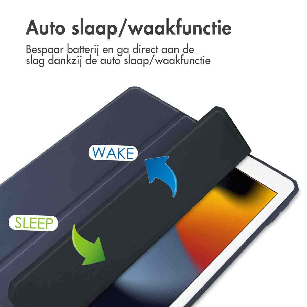 A navy blue tablet case, open to show the tablet inside, with the words 'WAKE' and 'SLEEP' near arrows.
