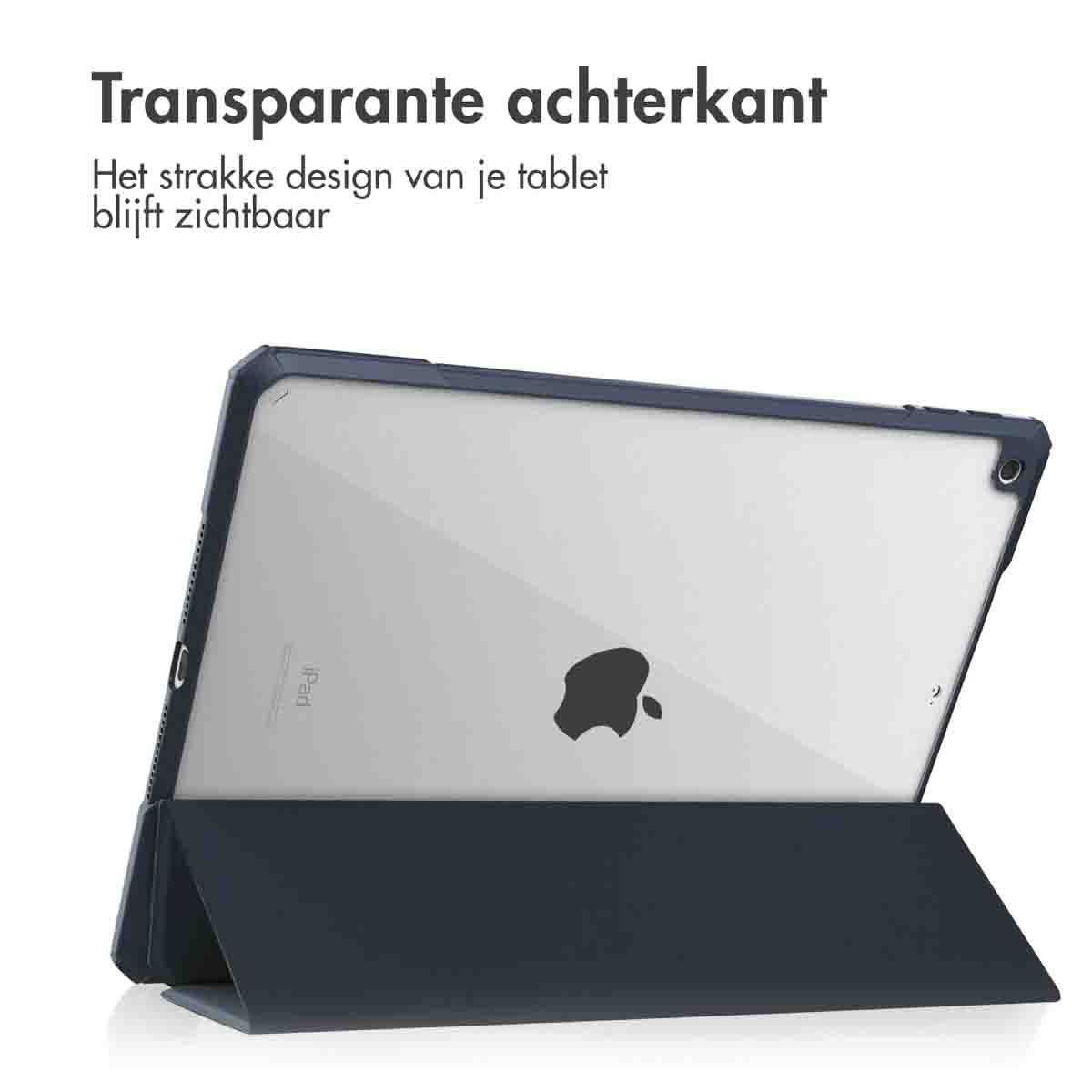 A tablet with a clear back case, showing the Apple logo and the tablet's design, in a navy blue case.