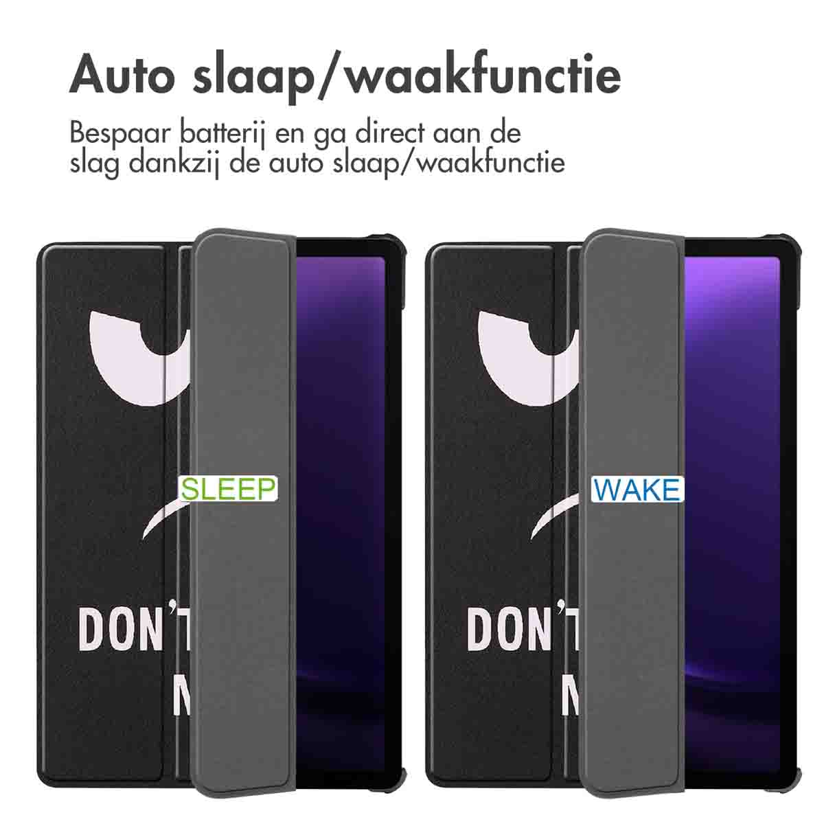 Twee open tablethoezen met de tekst 'SLEEP' en 'WAKE', met een donkere achtergrond.