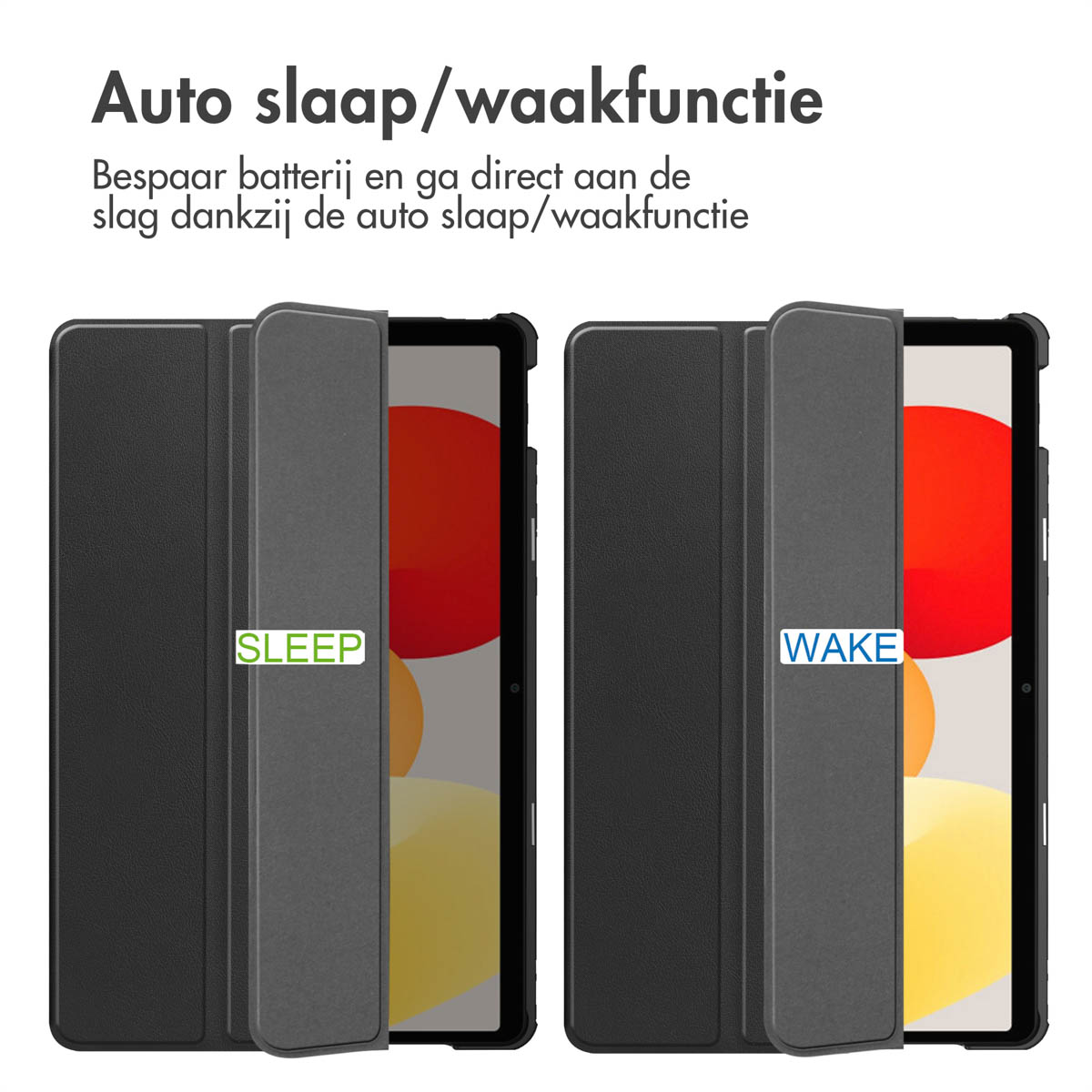 Tablet case showing sleep and wake functions. Black and green cases. White background.