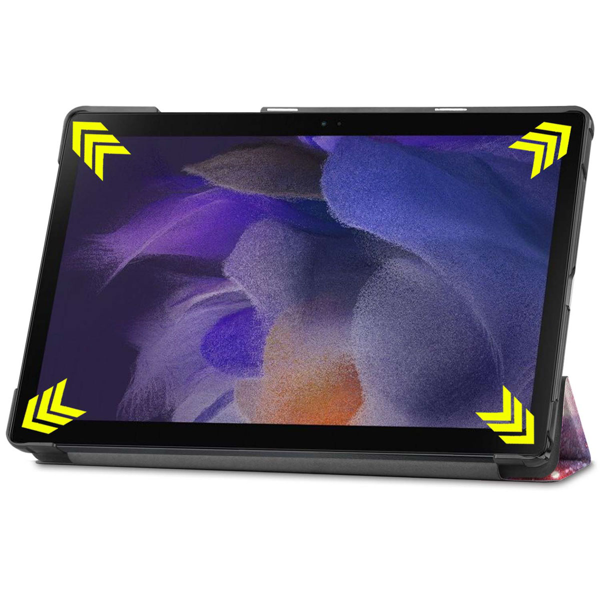Tablet with a dark blue cover and a colorful abstract design on the screen.