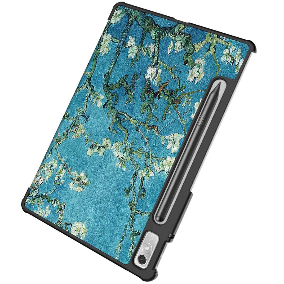 Tablet case with painting of almond blossoms. Stylus on the right side.