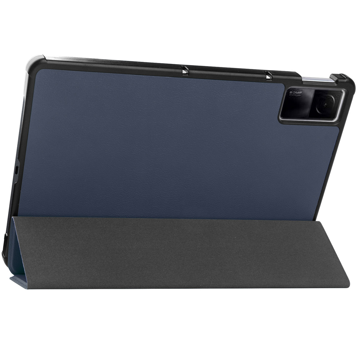A tablet in a blue case is propped up by a cover. The tablet is angled up.