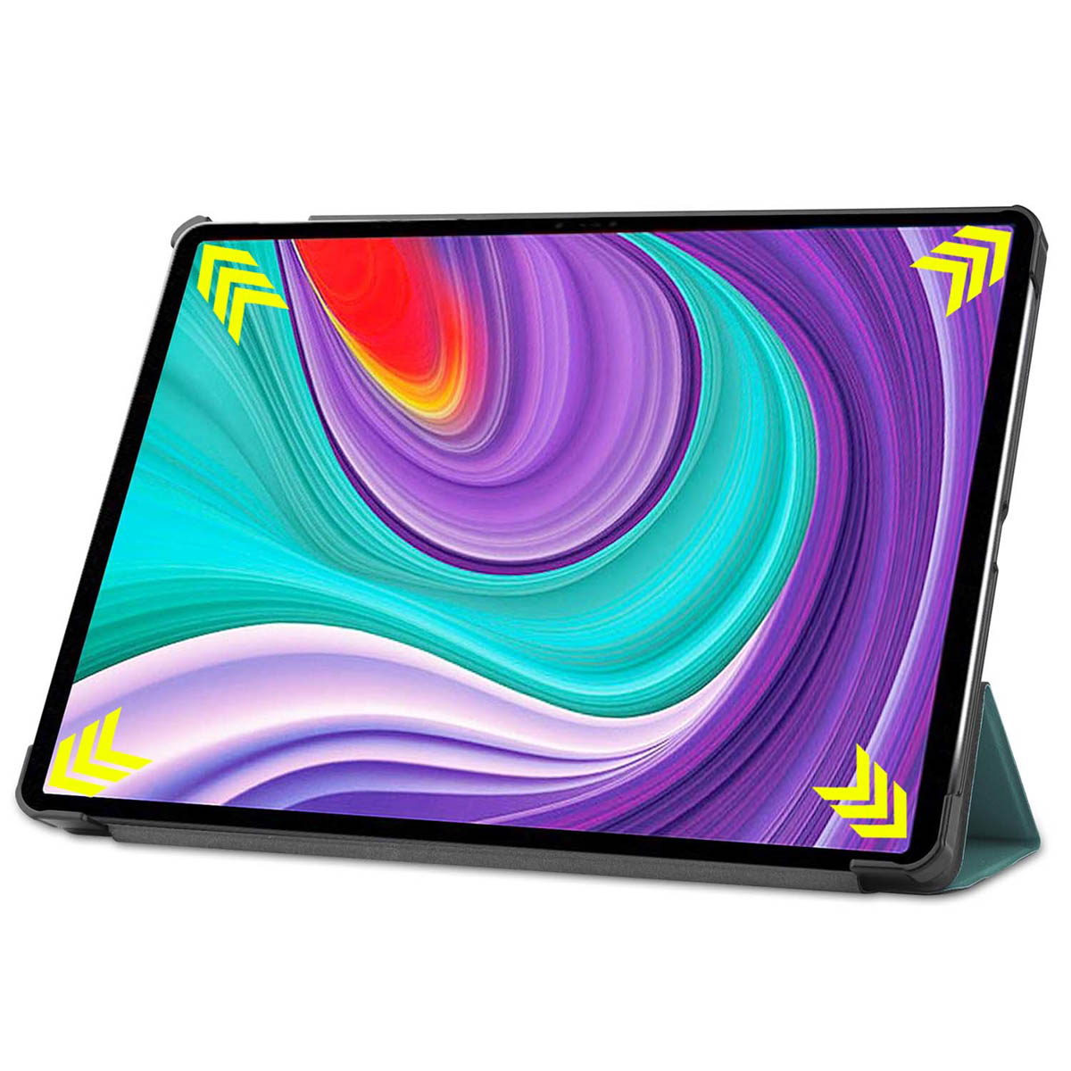 Een tablet in een hoes met een kleurrijk scherm. De hoes is opgeklapt om te bekijken.