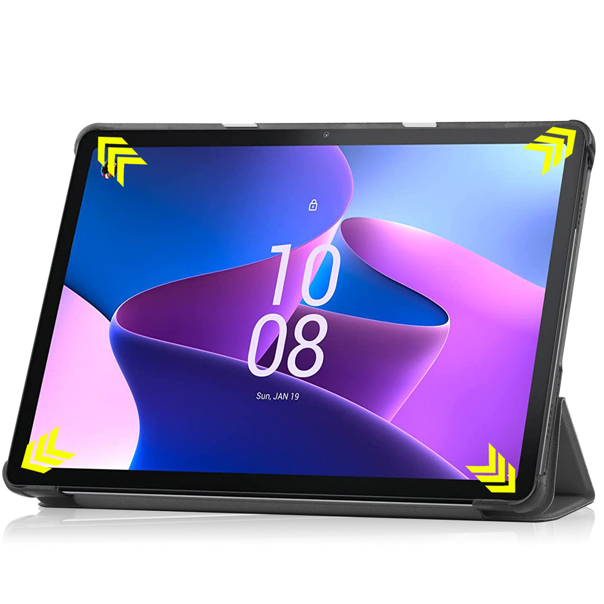 Tablet with a screen displaying numbers and a lock icon. Black case, yellow arrows.