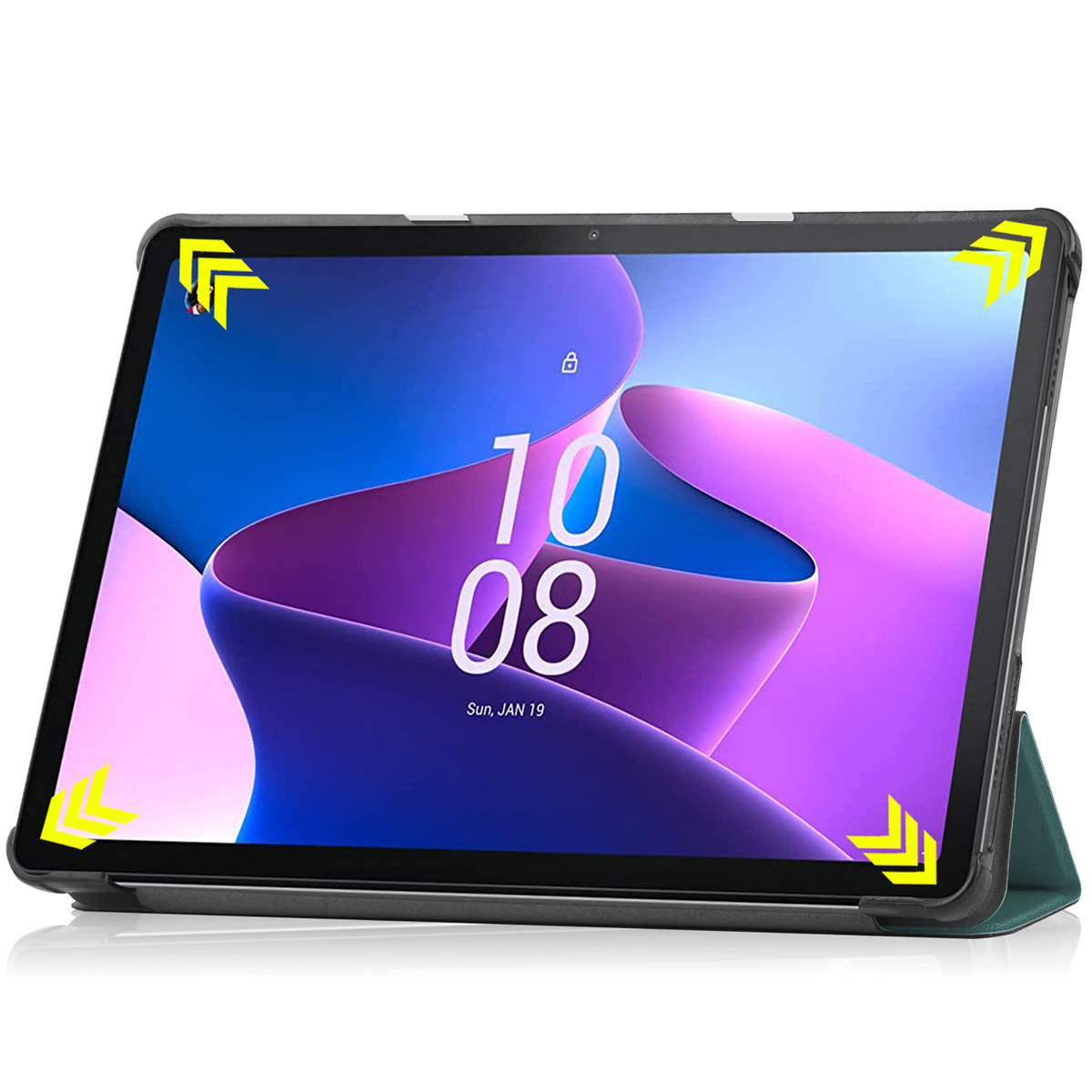 Tablet in a case, displaying an interface with a lock, and a stand in a case.