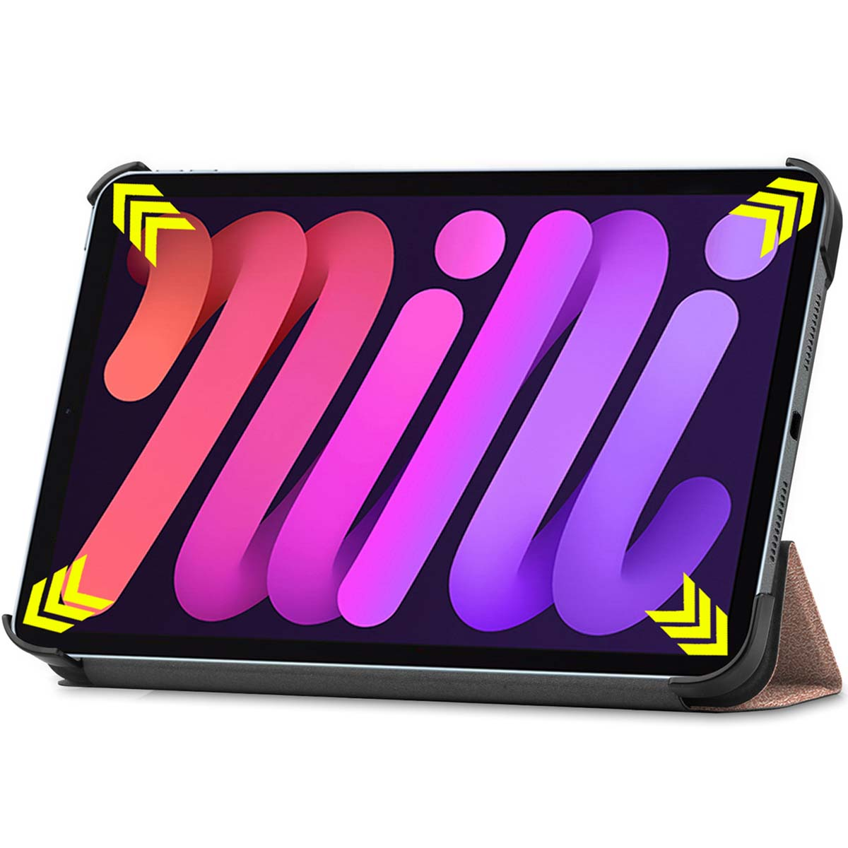 Tablet in een hoes, scherm toont het woord 'Mini' in kleuren, gele pijlen op hoeken.