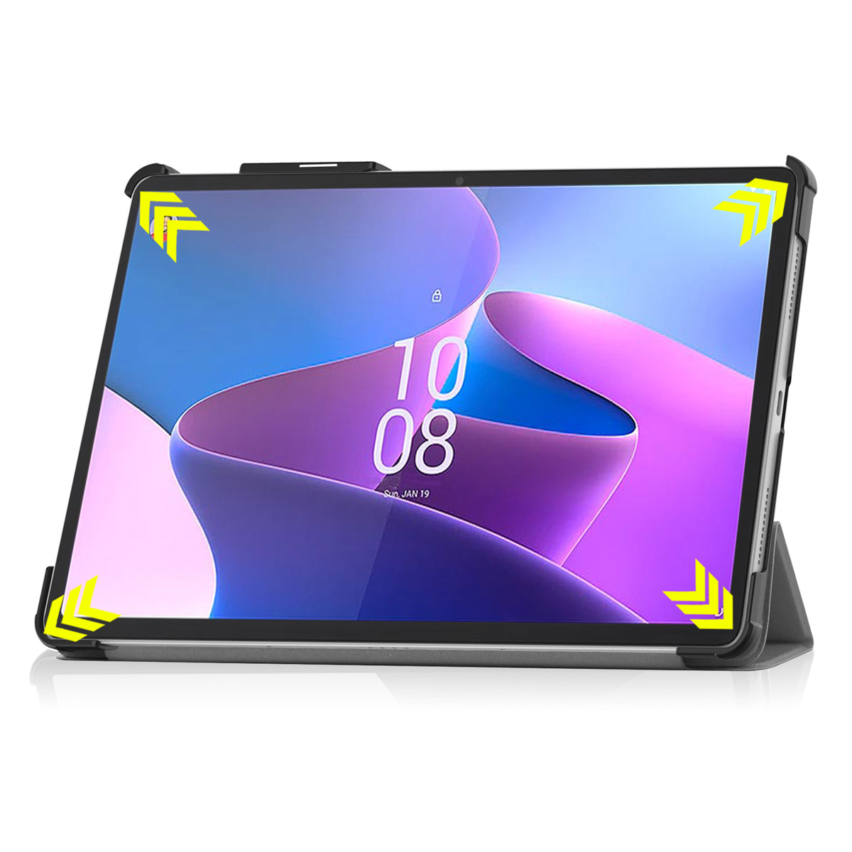 Tablet in een case met het scherm met een klok. Gele hoekbescherming.
