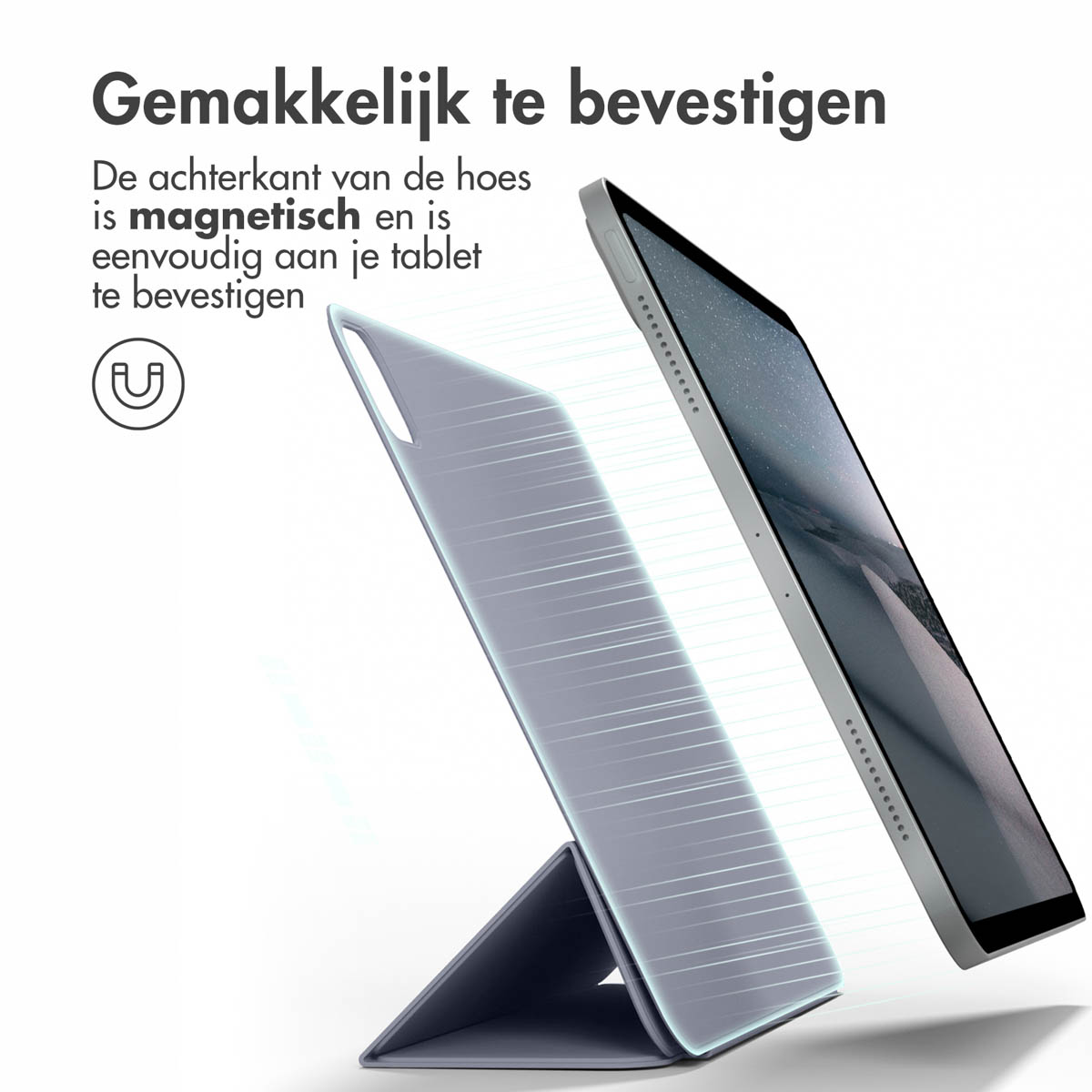 A gray tablet case with a tablet inside. The case is magnetic and easy to attach to the tablet.