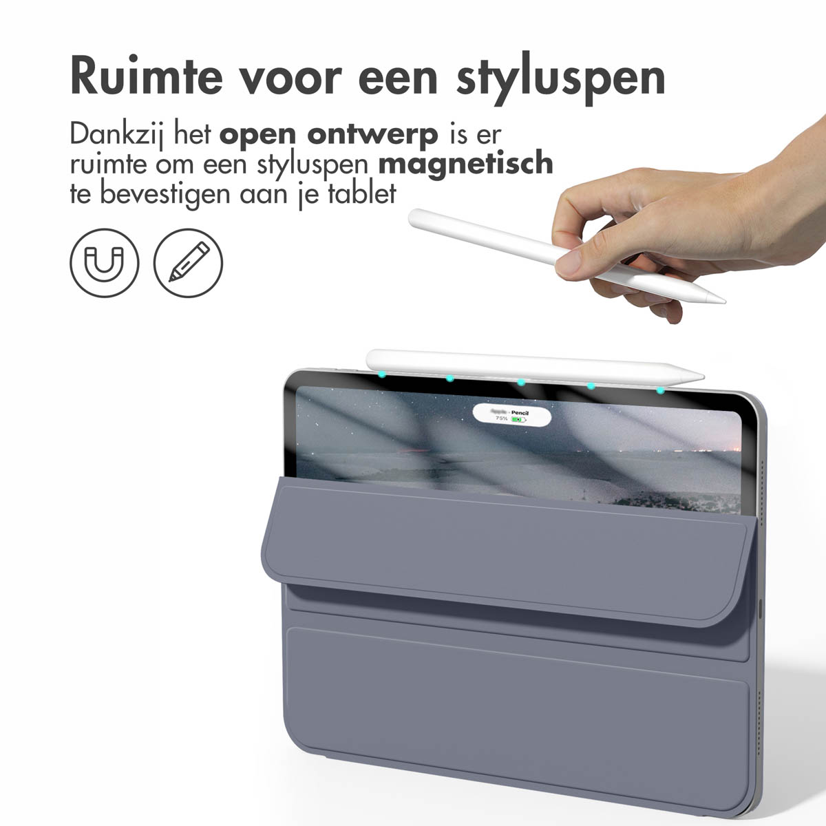 A hand placing a white stylus pen on a gray tablet case with a tablet inside. There's a magnet icon.
