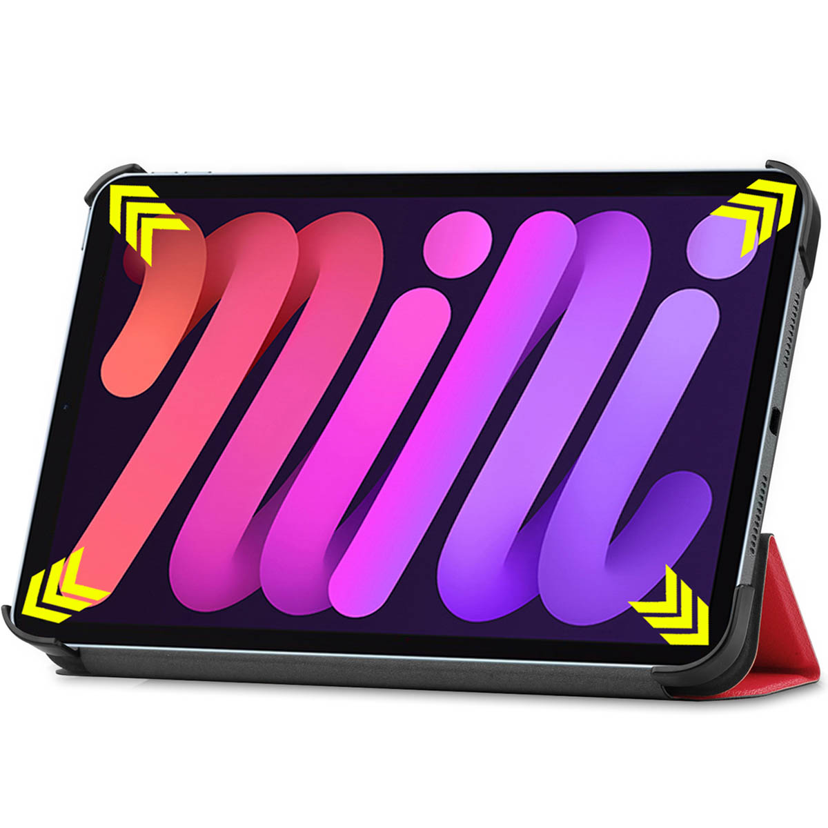A tablet in a black case is standing, displaying a colorful image. Yellow arrows are in the corners of the screen.