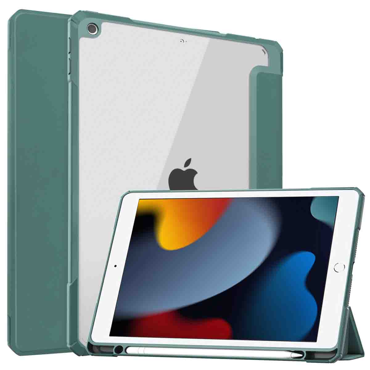 A tablet in a green case with a clear back, showing the Apple logo and a stylus.