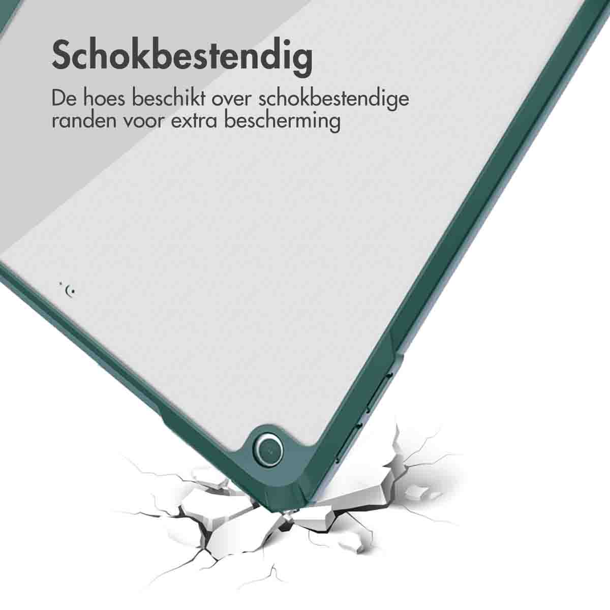 Tablet case corner breaking a surface. The case is green, and the surface is white.