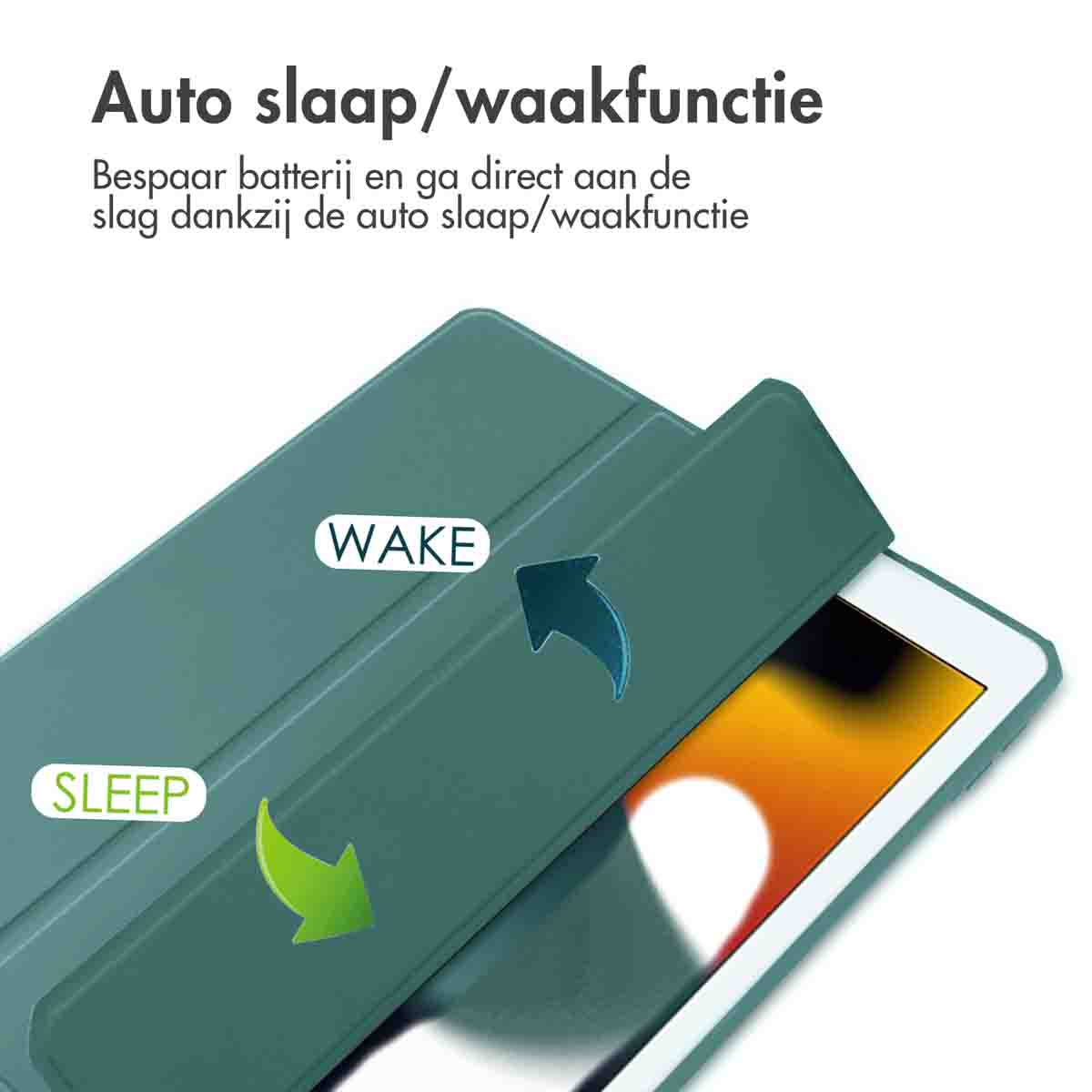 Tablet in a green case showing sleep and wake functions. The cover is open.