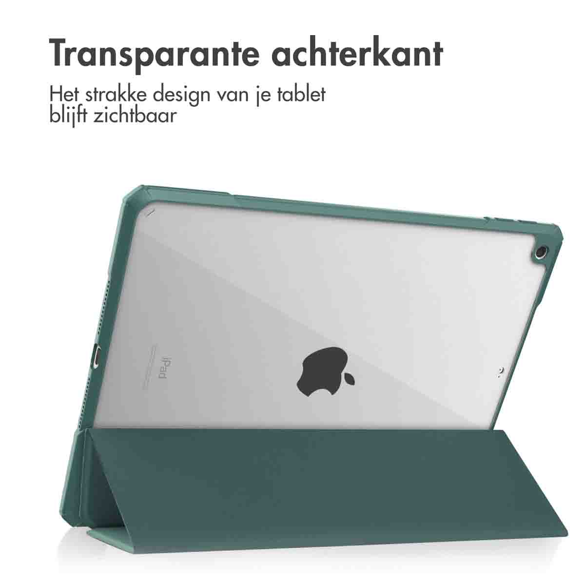 A tablet in a green case with a transparent back, showing the Apple logo.