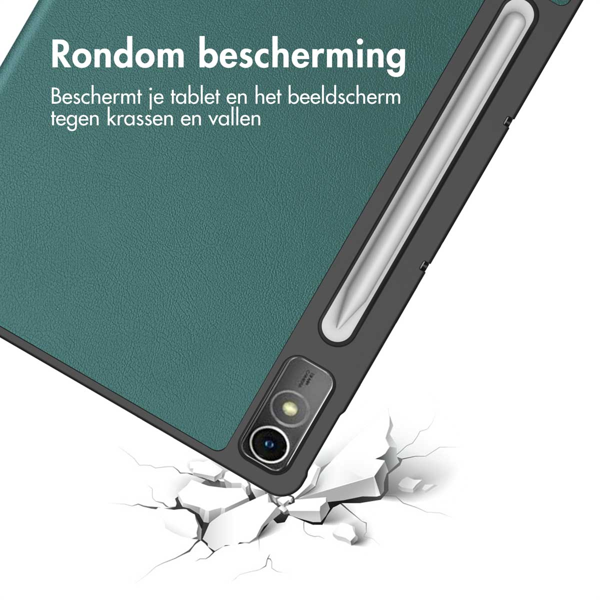 Tablet in a green case on a surface, tablet touches the surface, cracks around the impact point.