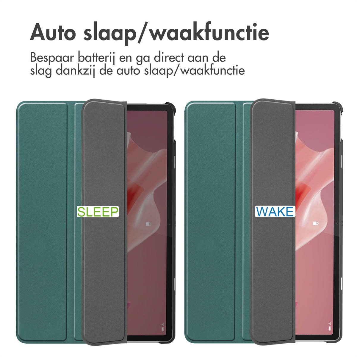 Tablet case with a cover open. Text reads 'SLEEP' and 'WAKE' next to the tablet.
