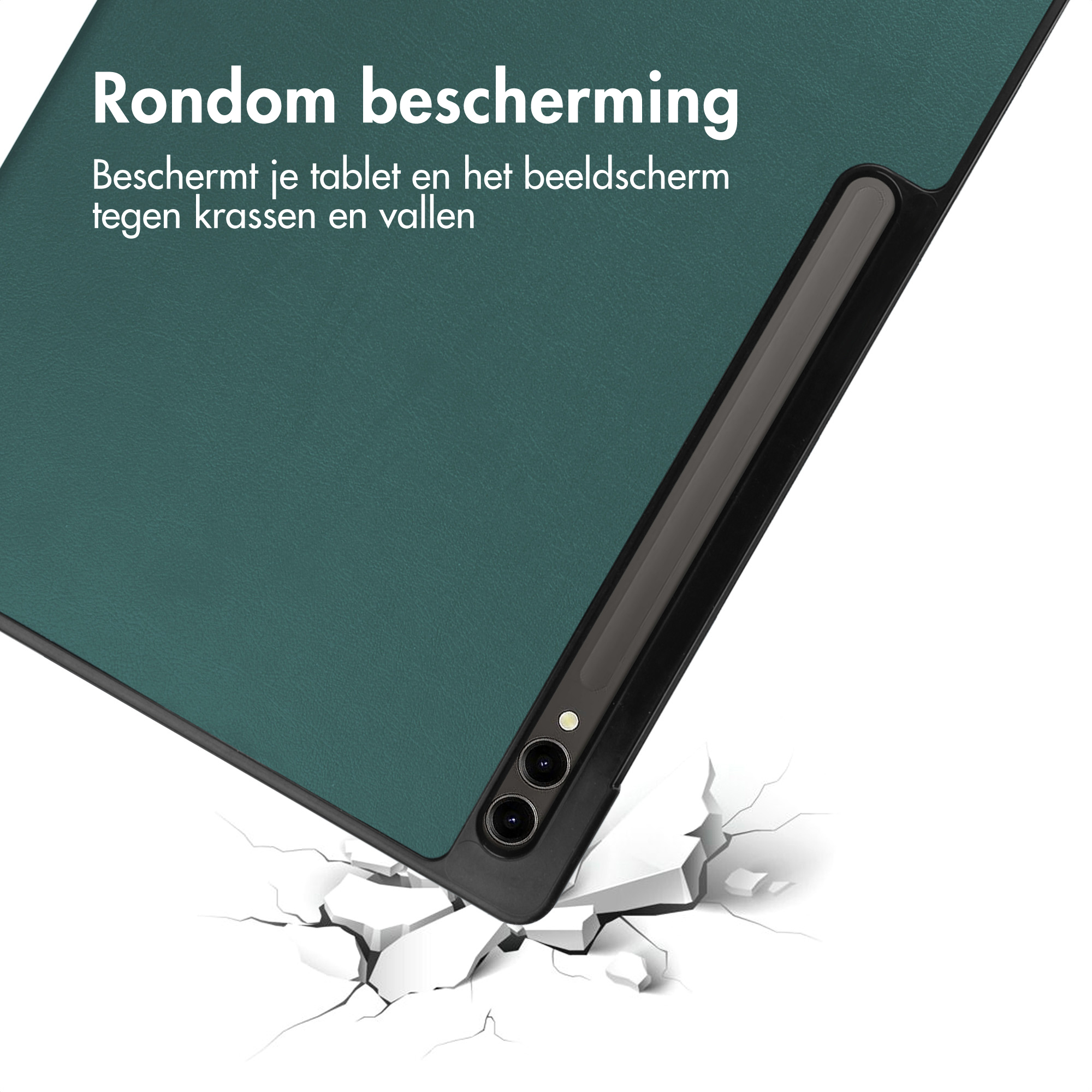 Tablet cover placed on a surface, showing a green material with a pen and a cracked effect.
