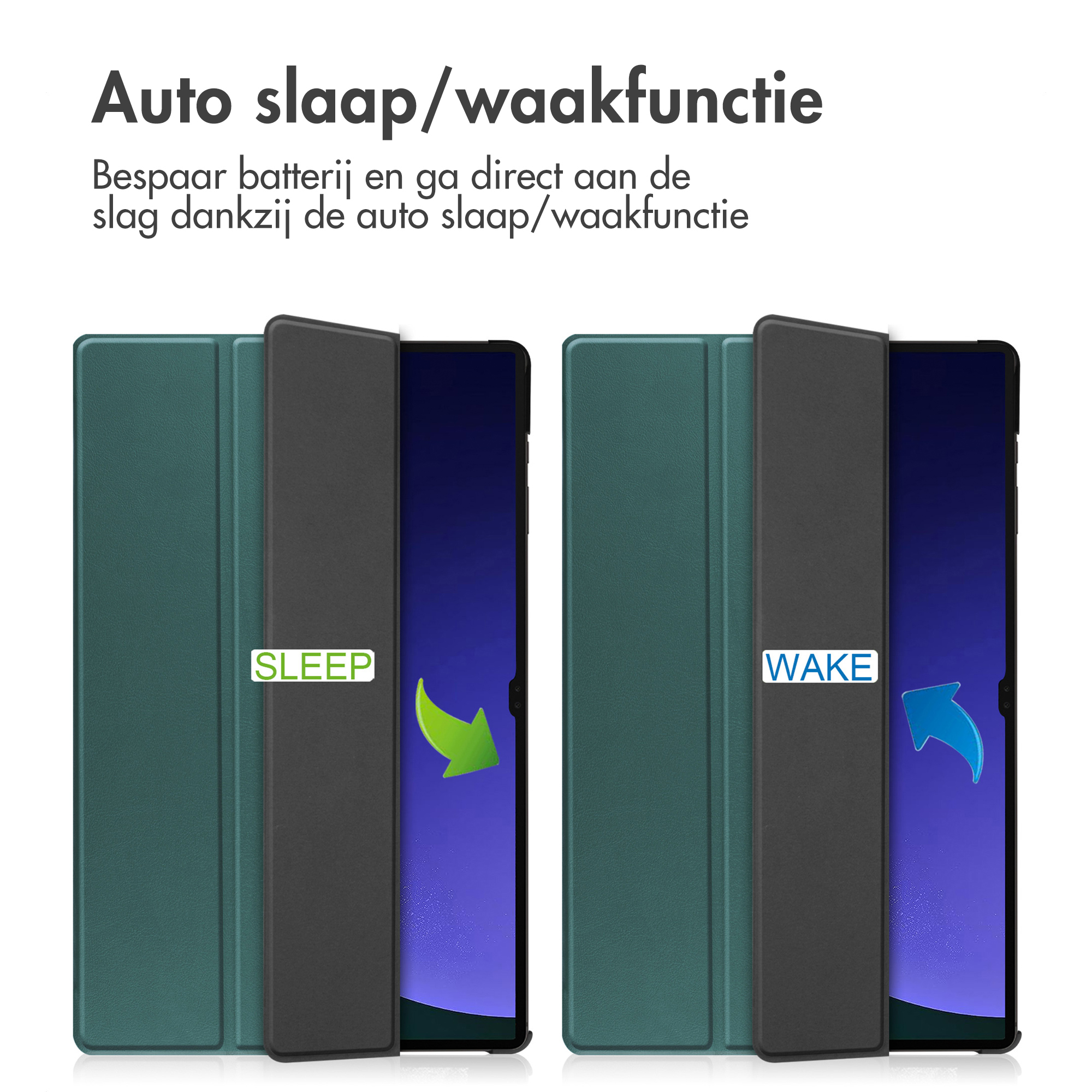 Two tablet cases with green covers and black spines, showing 'Sleep' and 'Wake' functions.