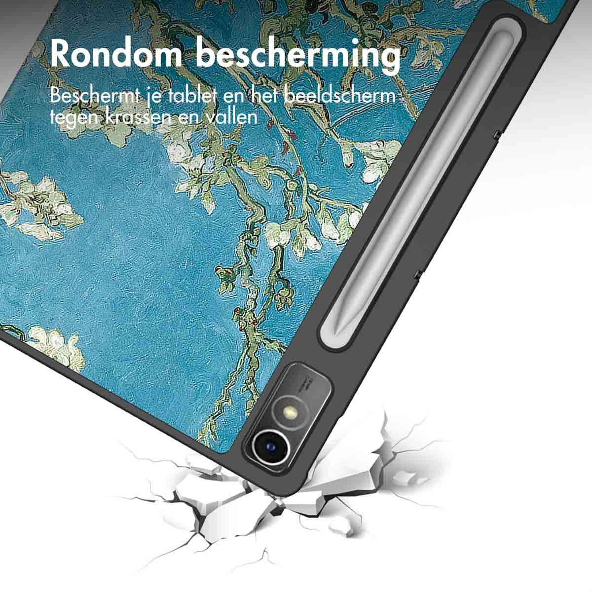 Tabletcase met een Van Gogh schilderij ontwerp, een stylus en een gebroken oppervlak.