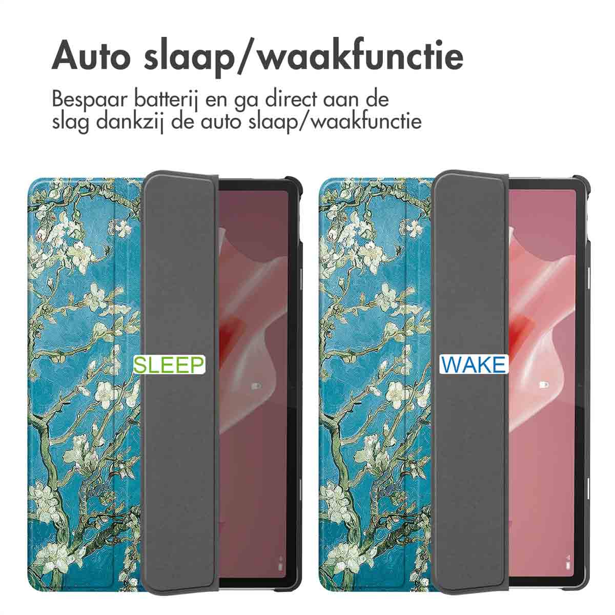 Twee tablethoesjes, een open, met bloemenpatroon. Tekst: Automatische slaap/wake-functie. Blauwe en roze hoesjes.